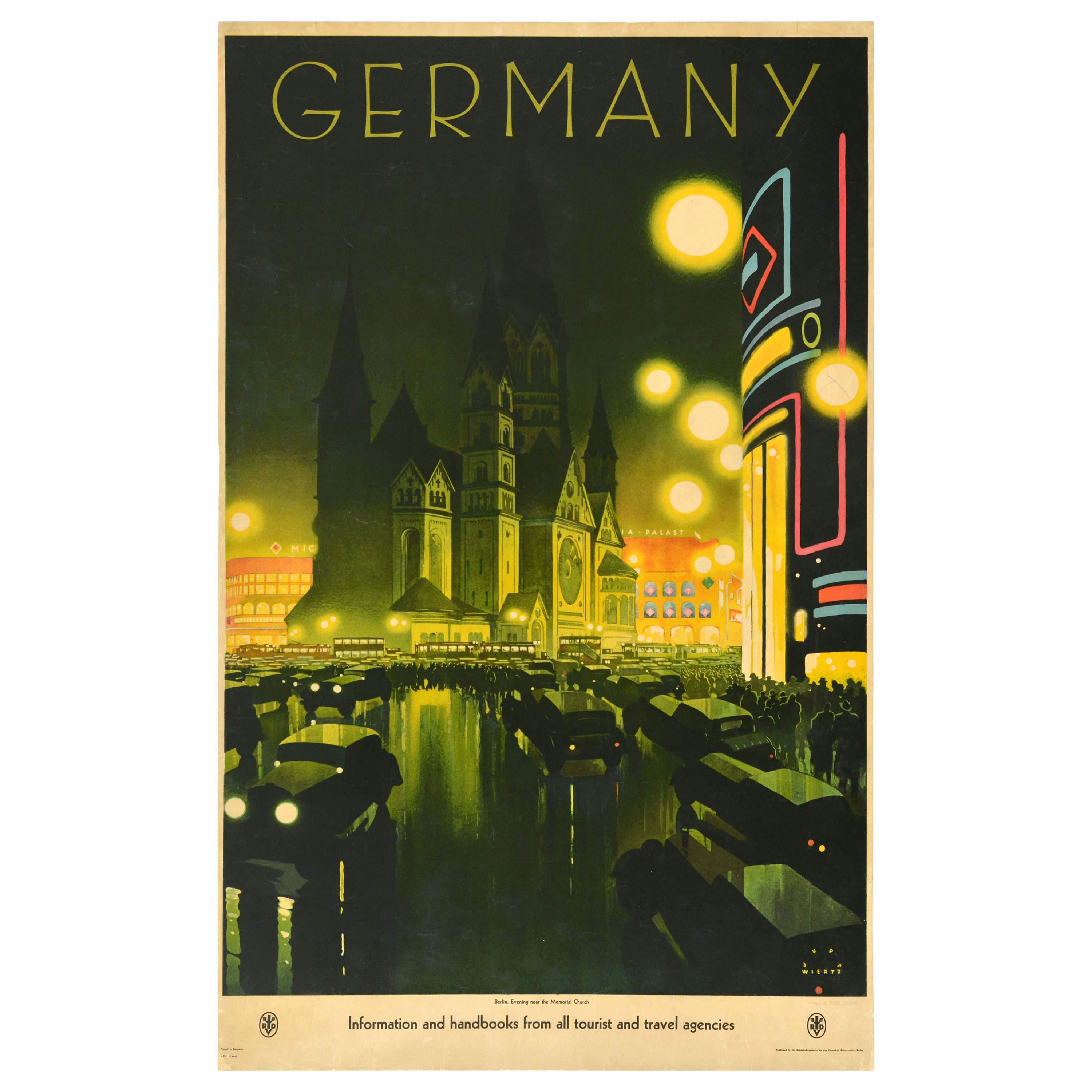 Affiche publicitaire originale de voyage vintage de Berlin, Allemagne, Jupp Wiertz, Art déco en vente