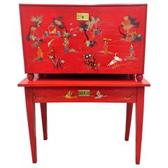 Chinese style inlaid red lacquer fall-front chest, 20th century 10