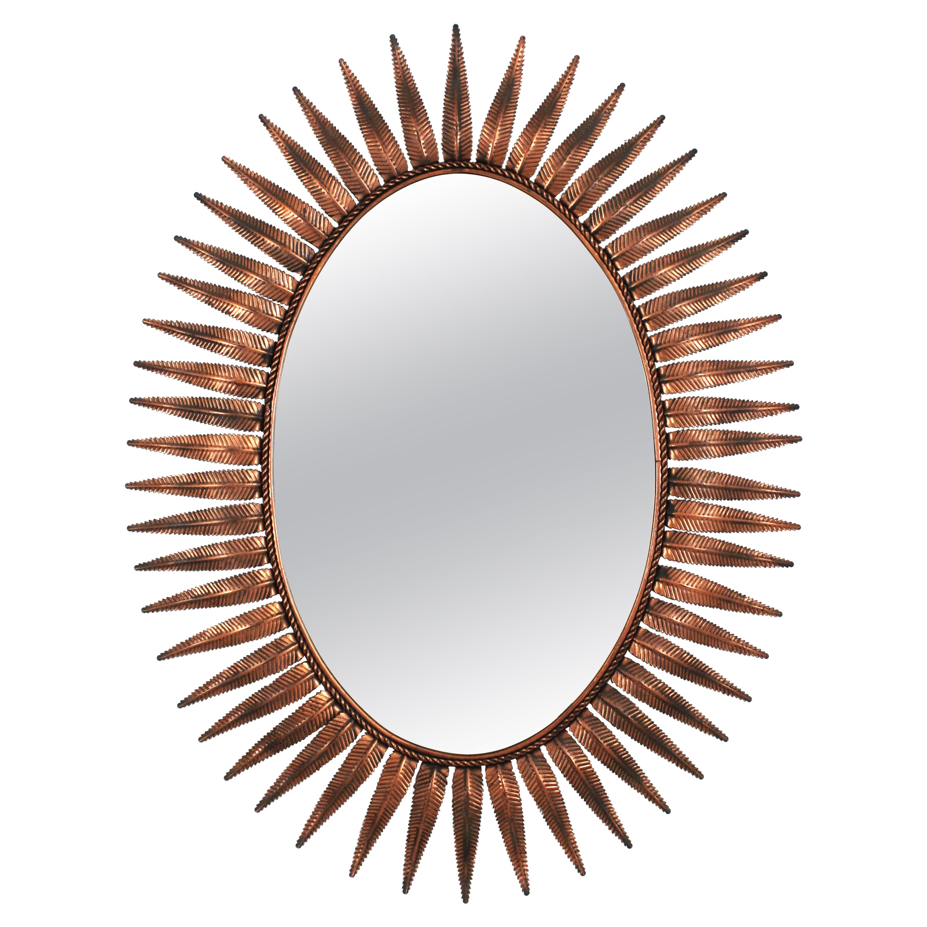 Spanish Sunburst Oval Mirror in Copper Metal, 1950s