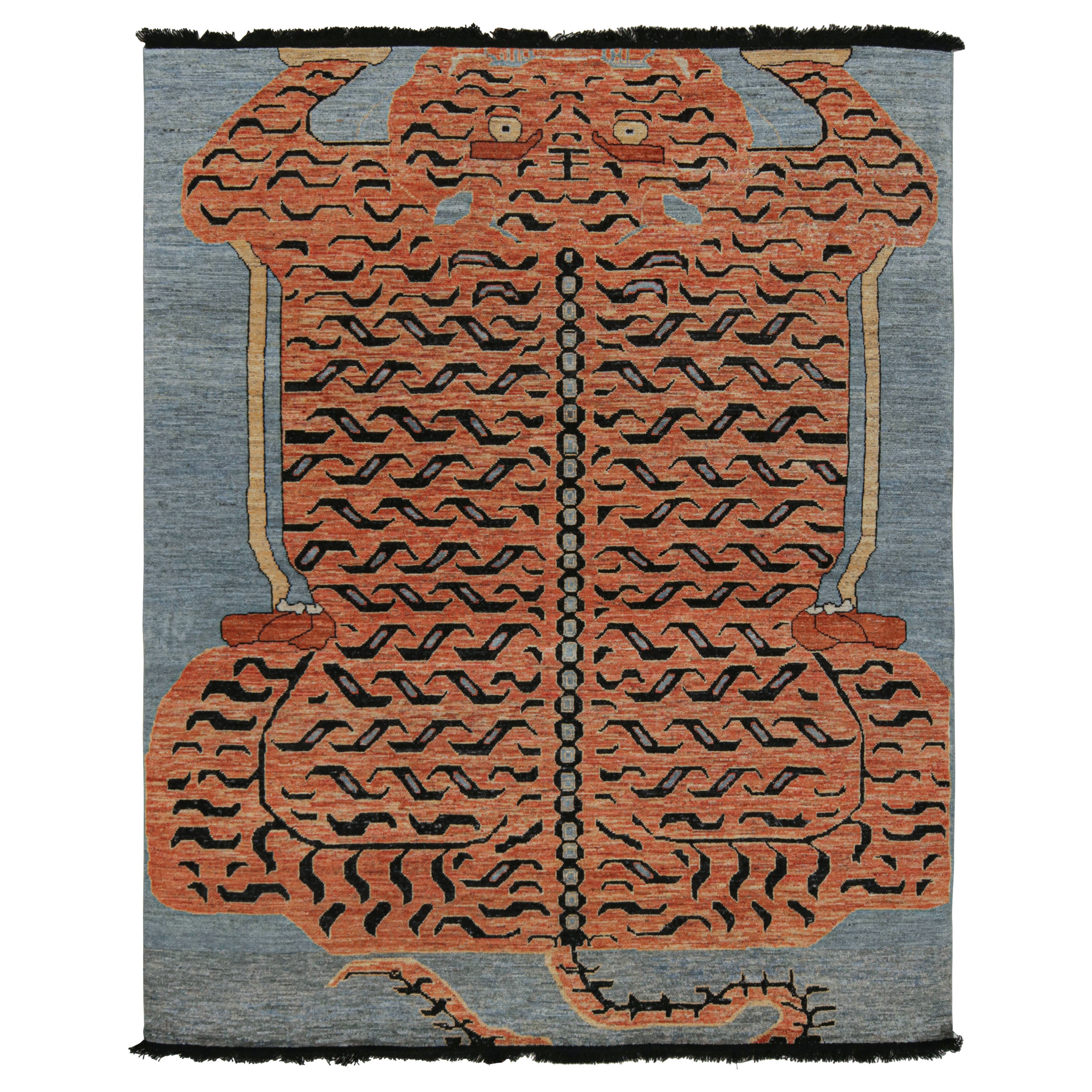 Rug & Kilim's Bildteppich aus Tigerfell in Orange, Blau und Schwarz