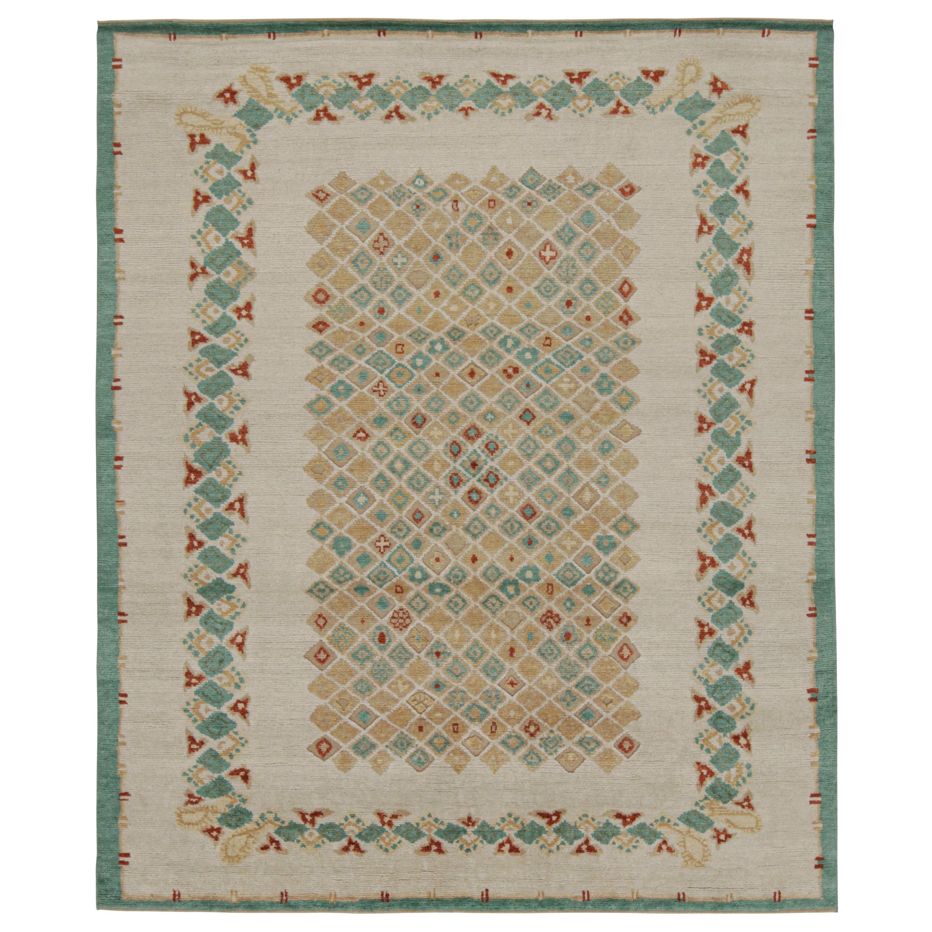  Rug & Kilim’s French Art Deco Style Rug in Beige-Brown & Blue Geometric Pattern For Sale