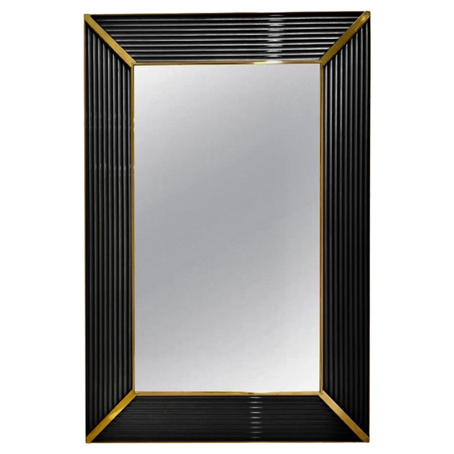 Personnalisable Italian Art Deco Design/One Iridescent Black Murano Glass Brass Mirror