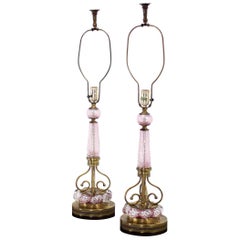 Vintage Pair of Pink Murano Glass and Brass Table Lamps