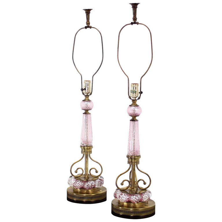 Pair of Pink Murano Glass and Brass Table Lamps For Sale