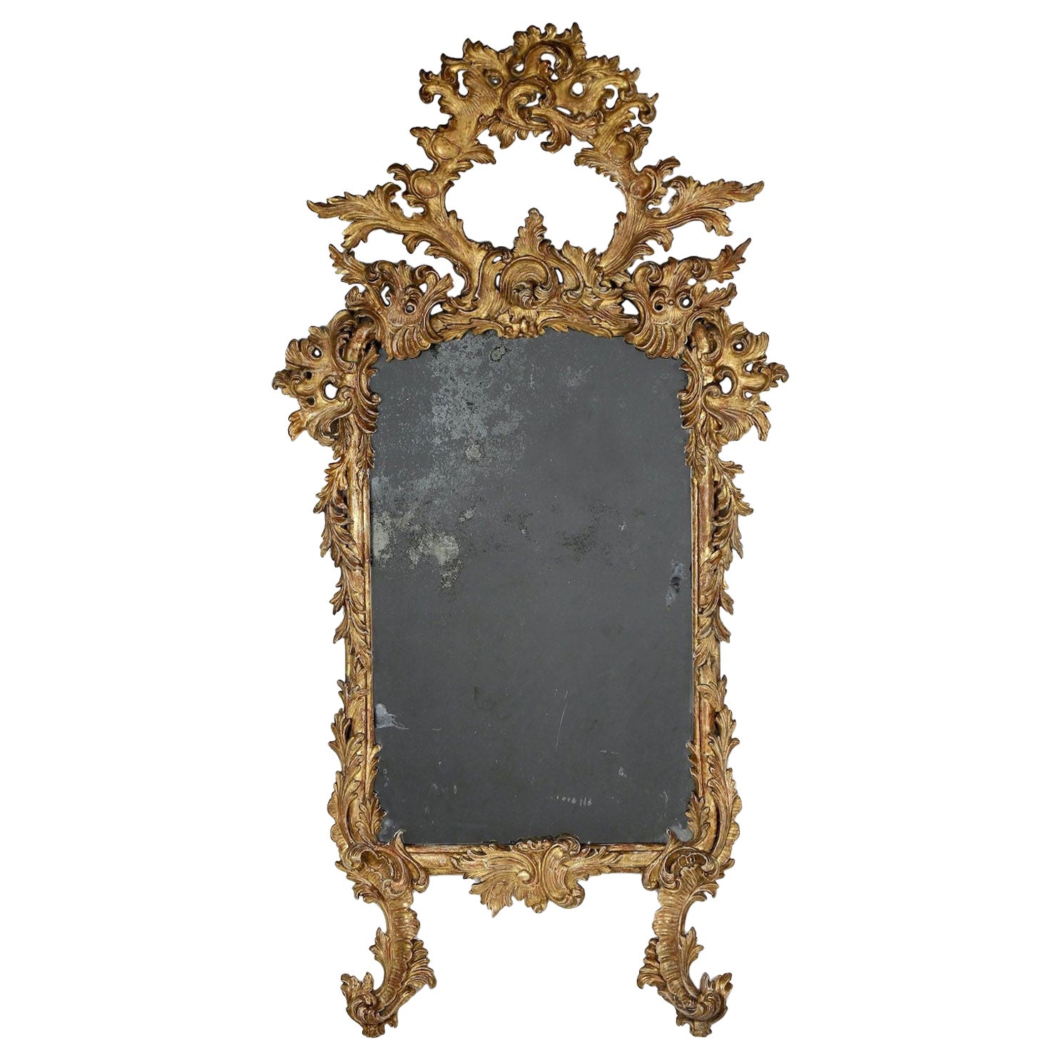19e s. Miroir italien rococo en bois doré avec plaque de miroir originale