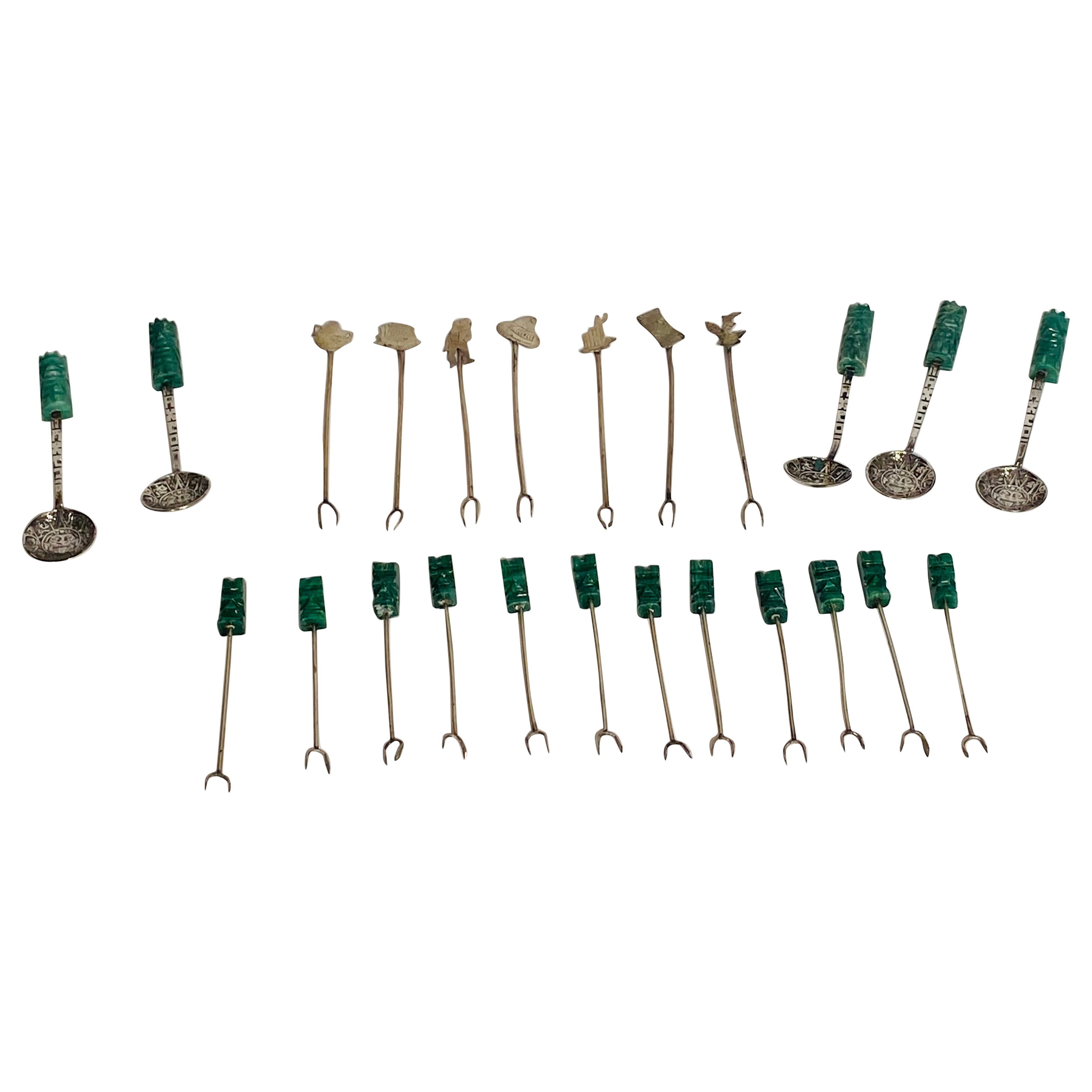 Sterling Silver Hors Oeuvres Set, Carved Green Stone Handles 24 Pieces For Sale