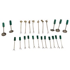 Sterling Silver Hors Oeuvres Set, Carved Green Stone Handles 24 Pieces