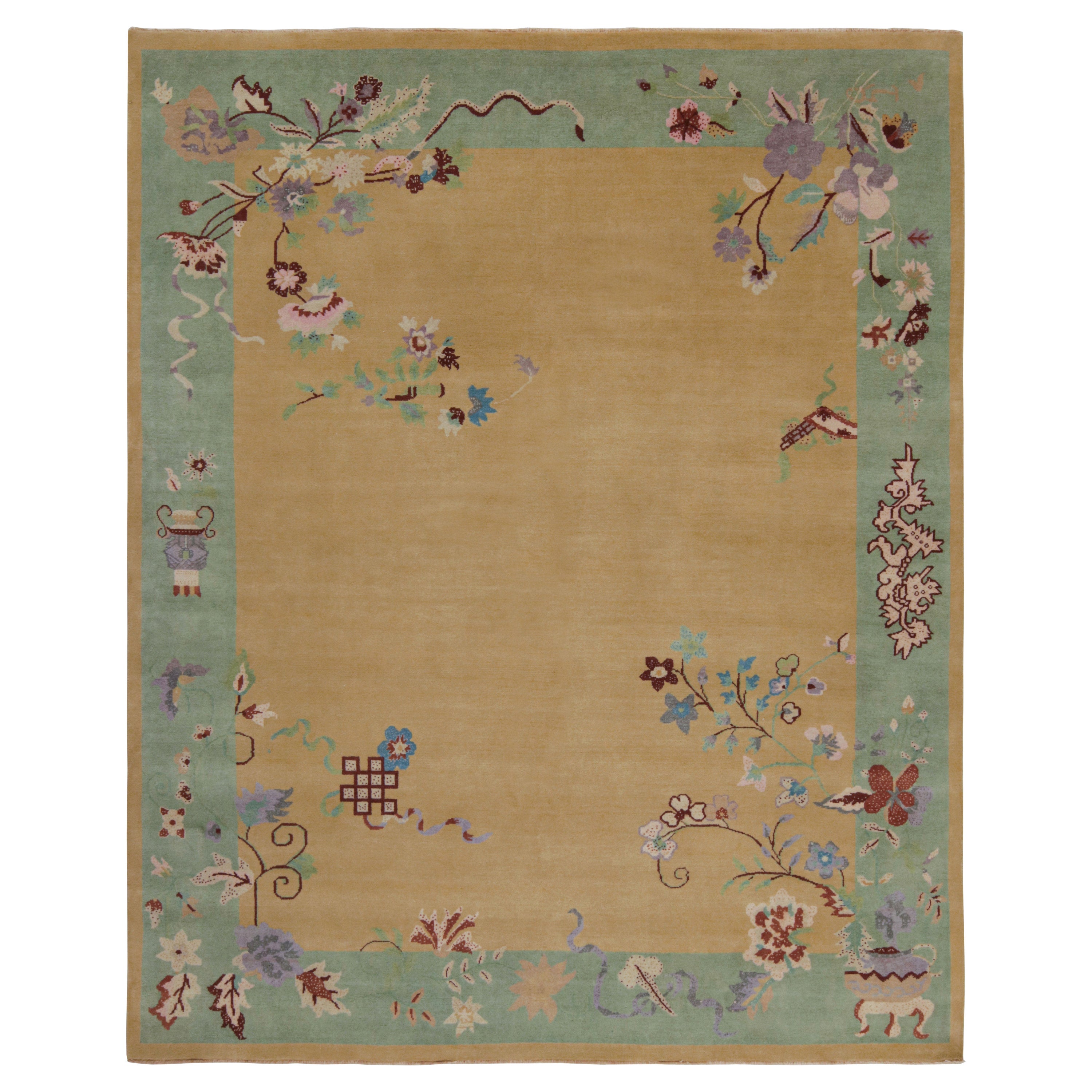 Rug & Kilim’s Chinese Art Deco Style Rug in Gold-Green Floral Pattern For Sale