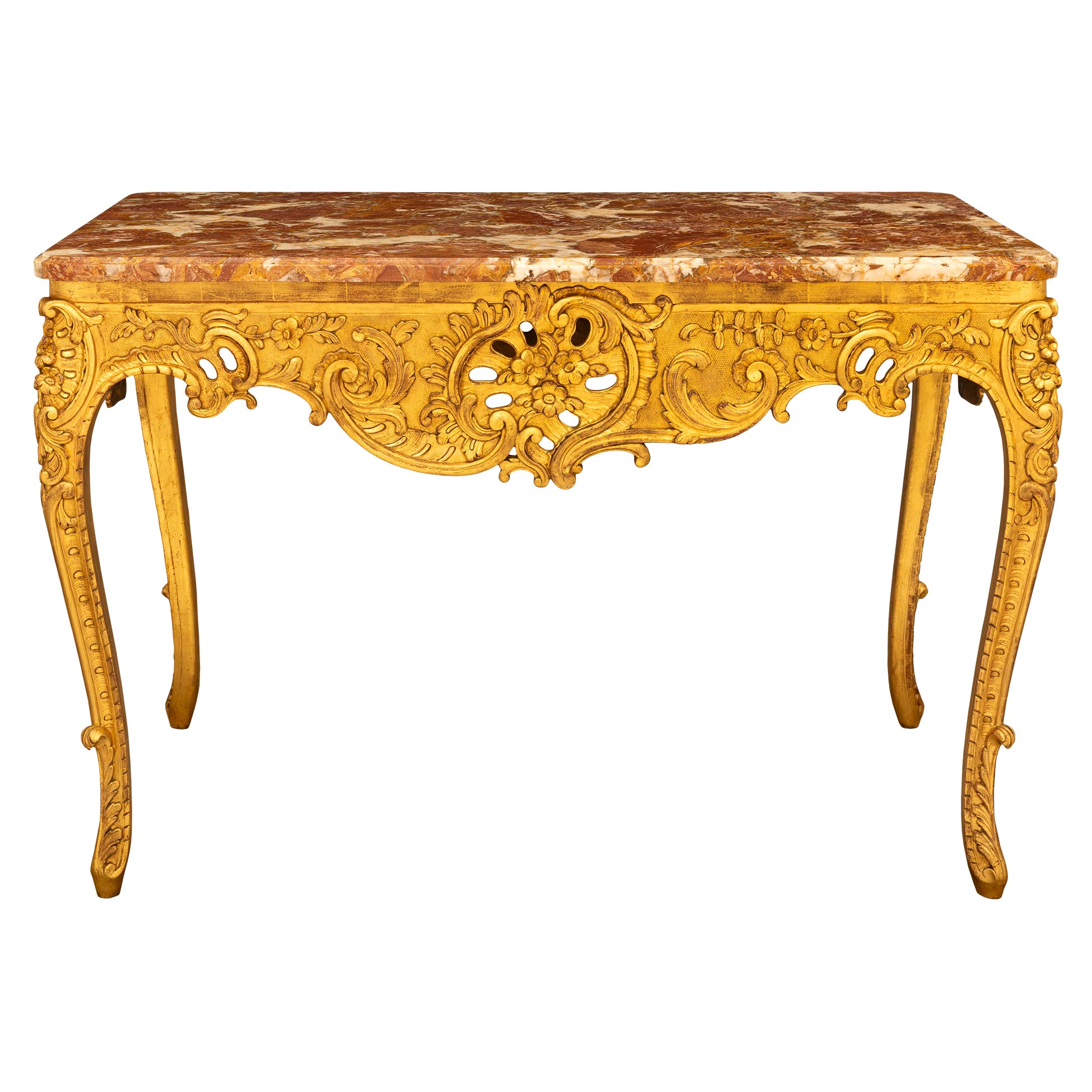 Table de centre en bois doré et marbre Louis XV du début du 19e siècle