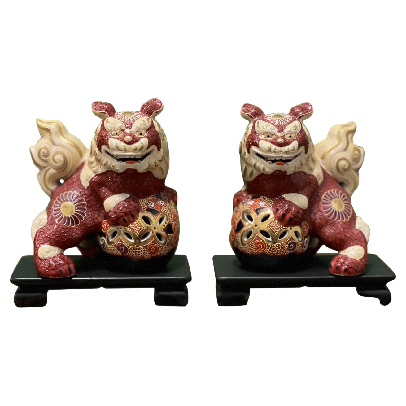 Porcelain Japanese Cinnabar Foo Dog Figurines on Stands For Sale