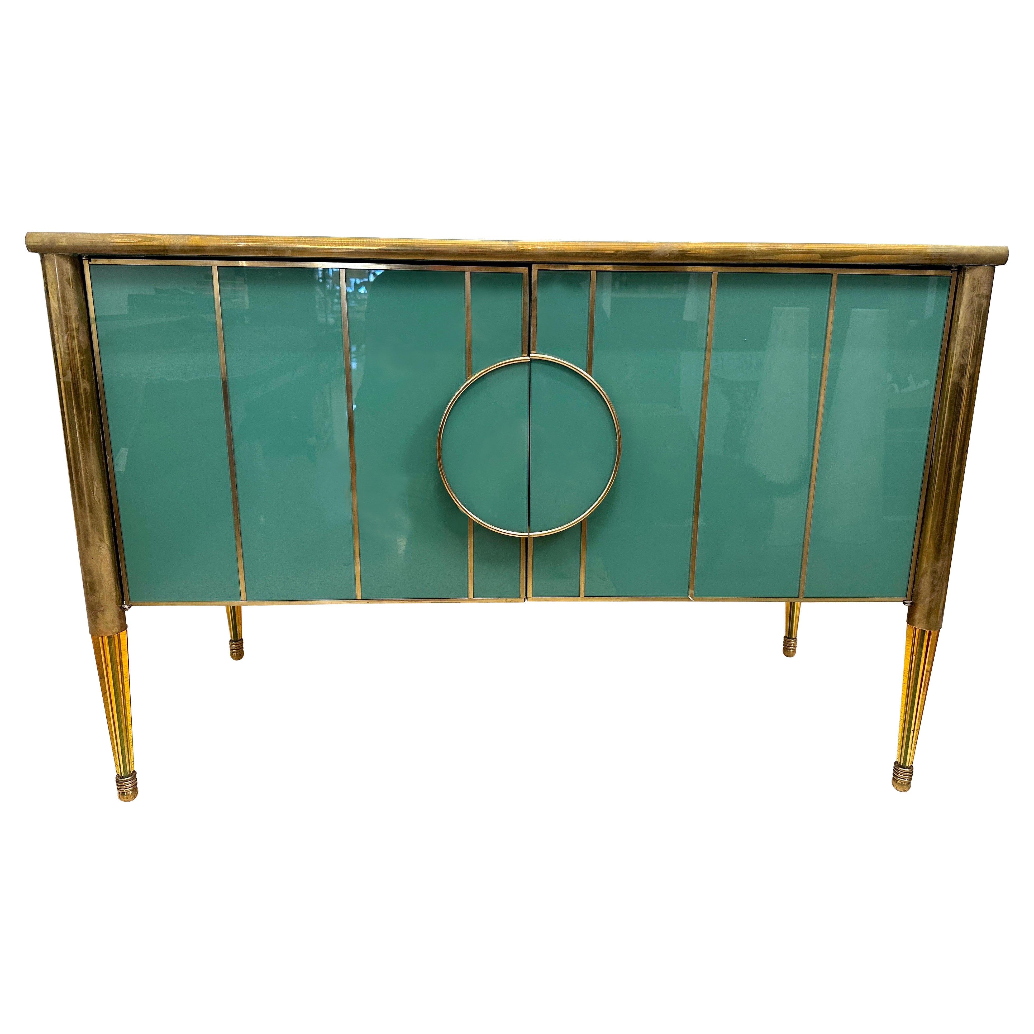 Ocean Green Painted Murano Glass and Brass Two-Door Cabinet (TWO AVAILABLE) For Sale
