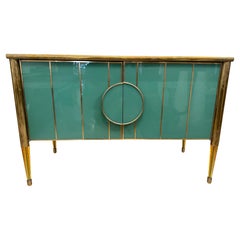 Vintage Ocean Green Painted Murano Glass and Brass Two-Door Cabinet (TWO AVAILABLE)