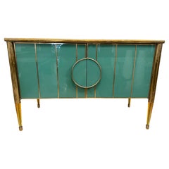 Ocean Green Painted Murano Glass and Brass Two-Door Cabinet
