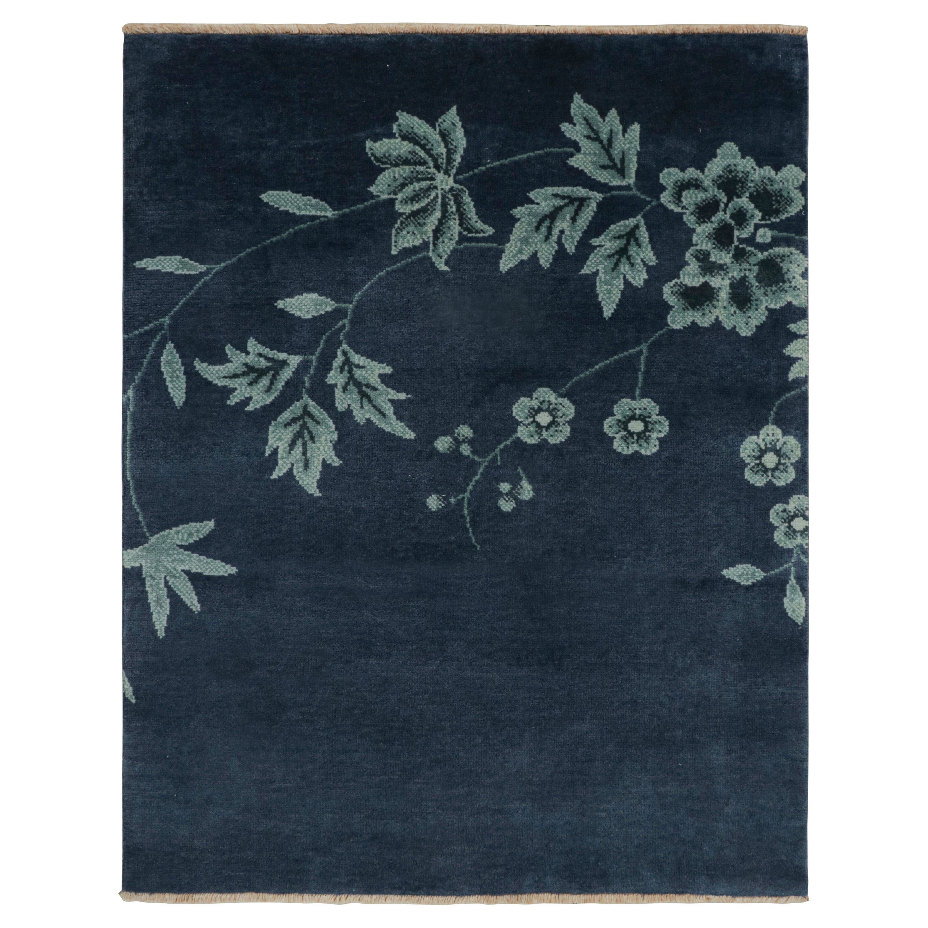 Rug & Kilim’s Chinese Art Deco Style Rug in Blue with Floral Pattern For Sale