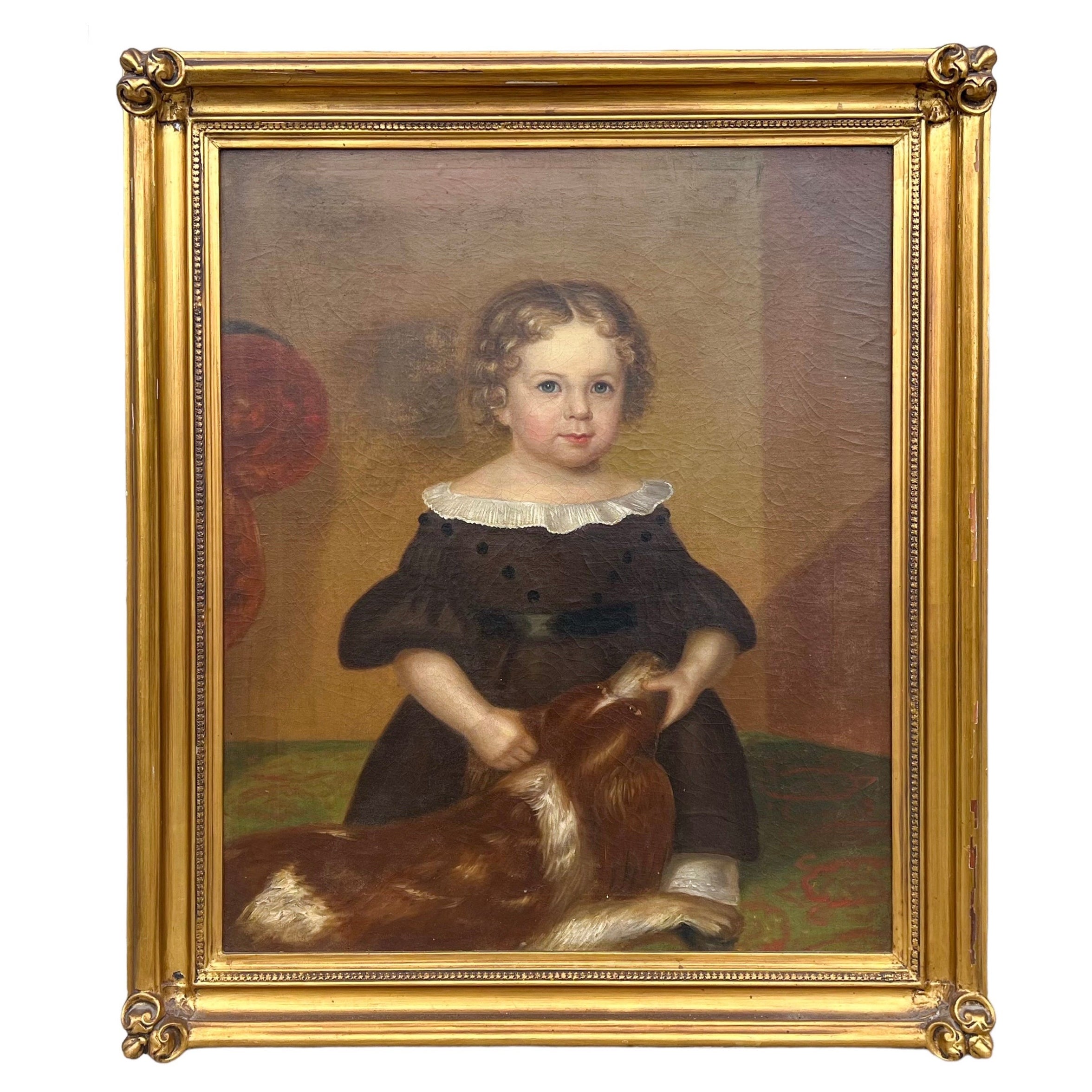 19th-C. Large Framed Folk Art Oil On Canvas Painting Child With Spaniel Dog  For Sale