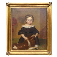 19ème siècle. Grande huile sur toile d'art populaire encadrée, enfant avec chien épagneul 