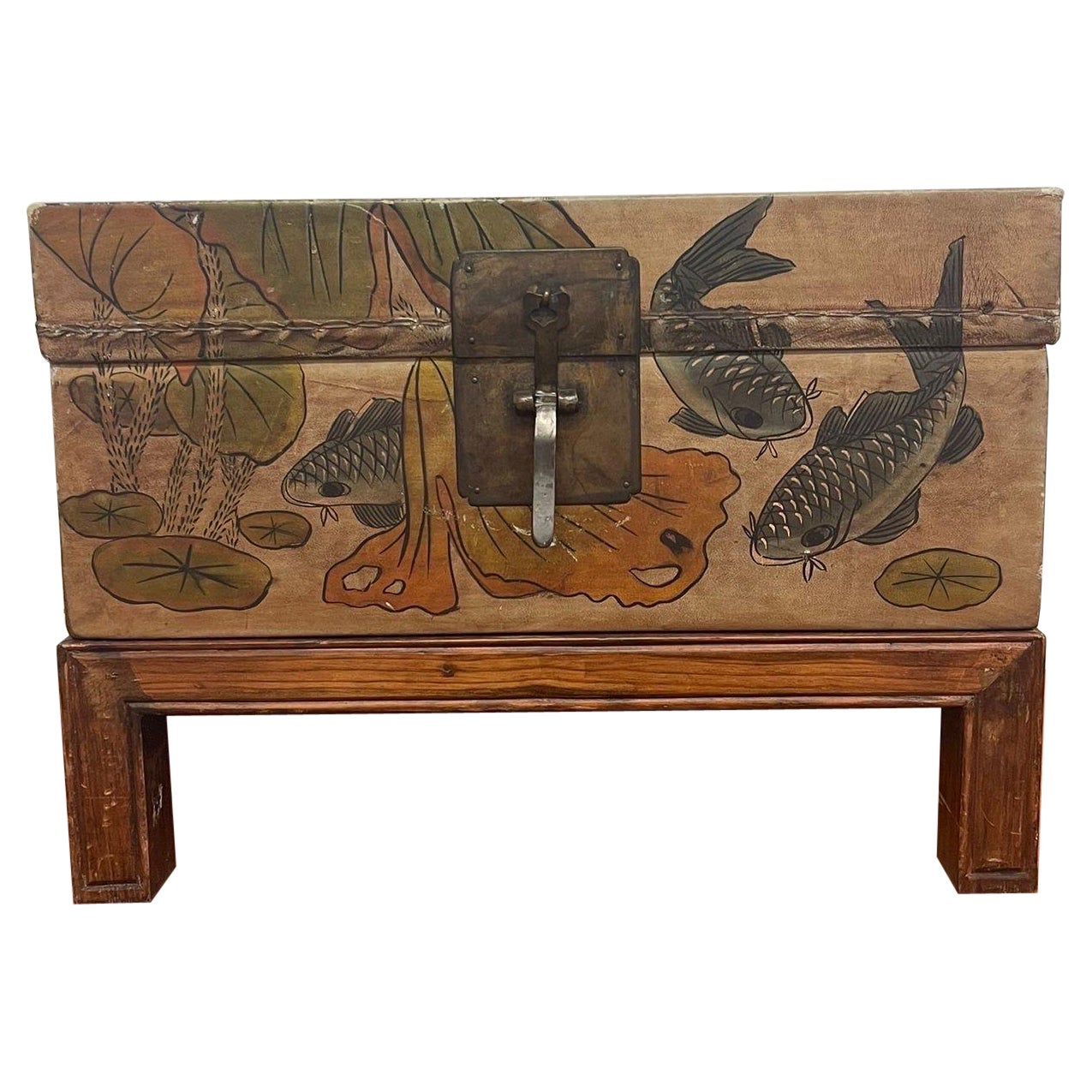 Vintage Style Accent Stand Box With Kai Pond Scene Depiction. For Sale