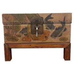 Vintage Style Accent Stand Box With Kai Pond Scene Depiction.