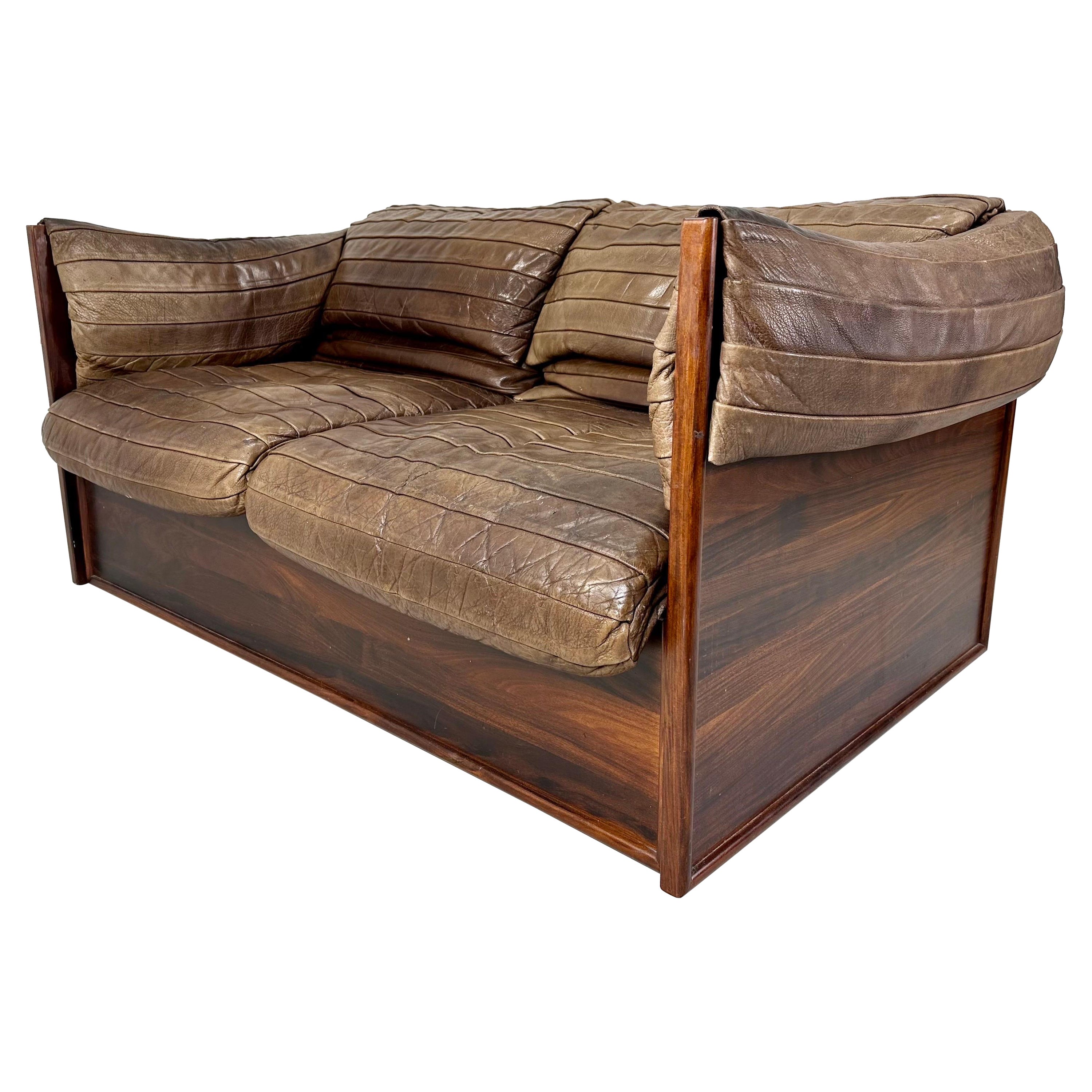 1960s Skipper Mobler Leather and Rosewood Settee For Sale