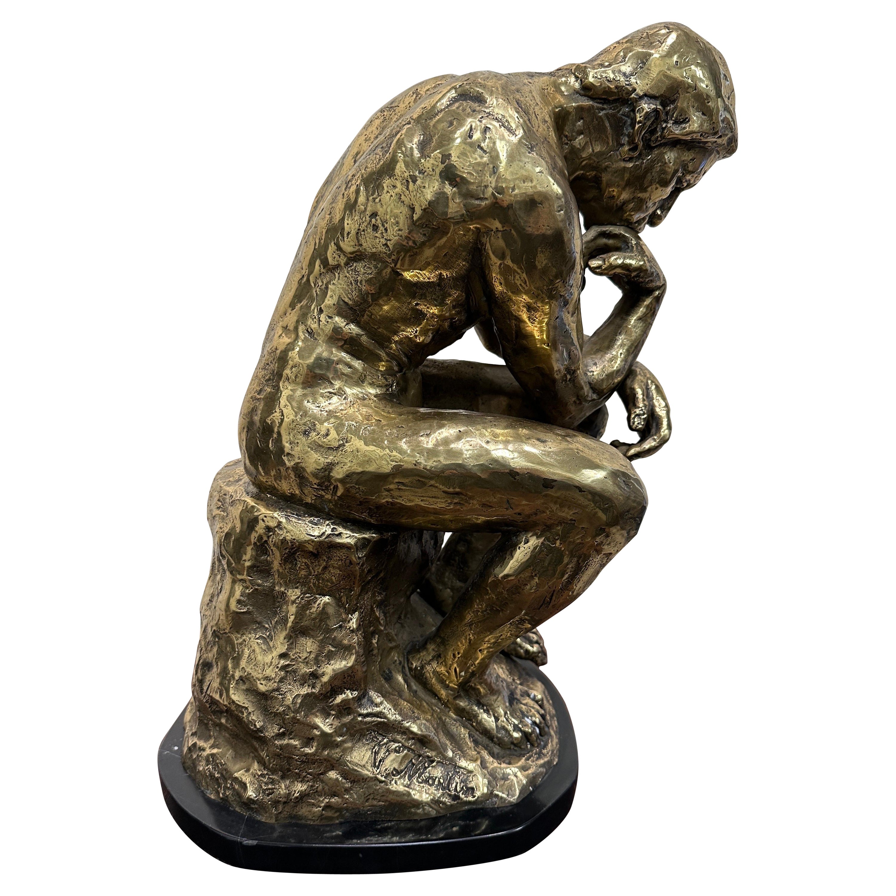 Brass Sculpture on Marble Base After Rodin's "The Thinker" - SIGNED For Sale