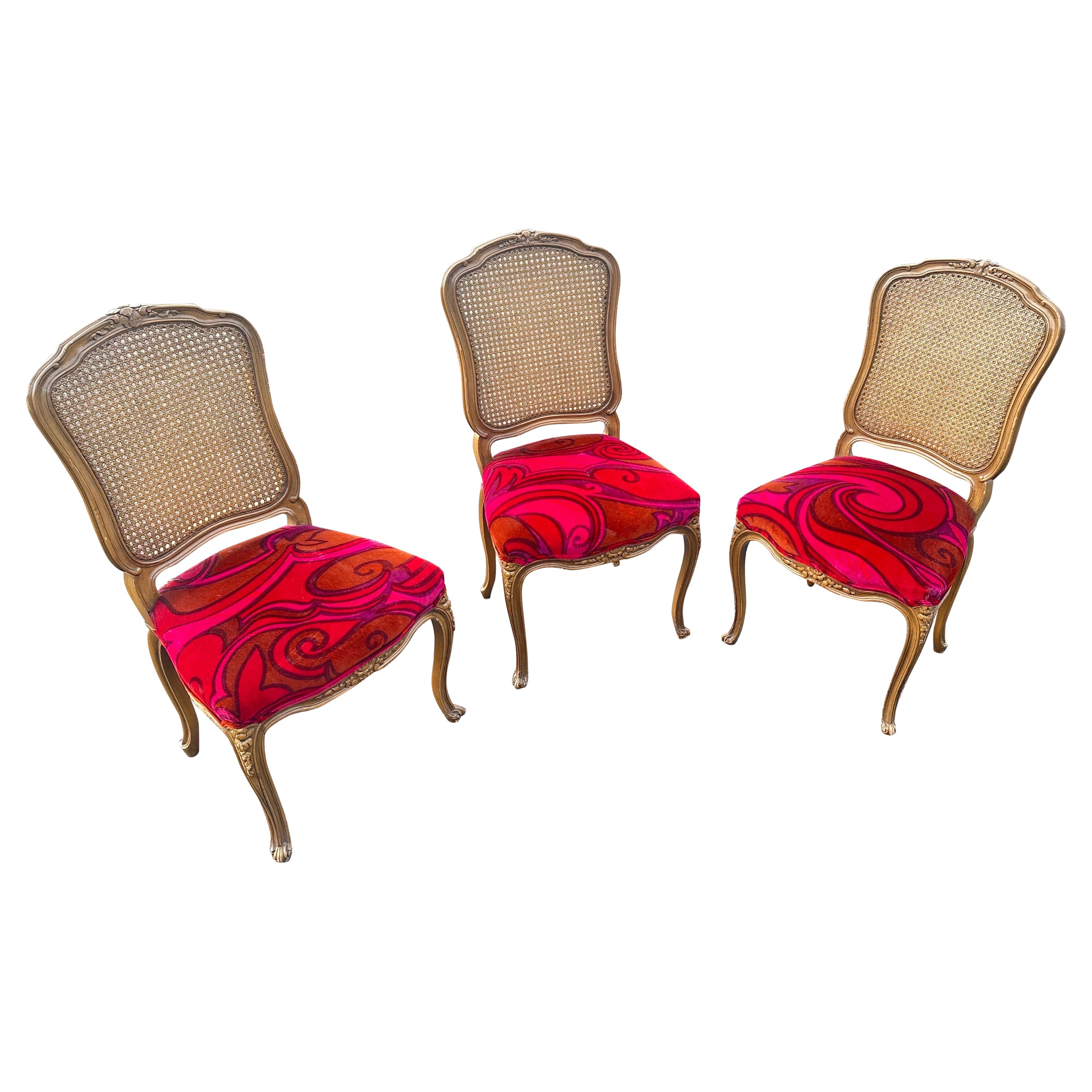 French provincial dining chairs upholstered in Jack lenor larsen For Sale