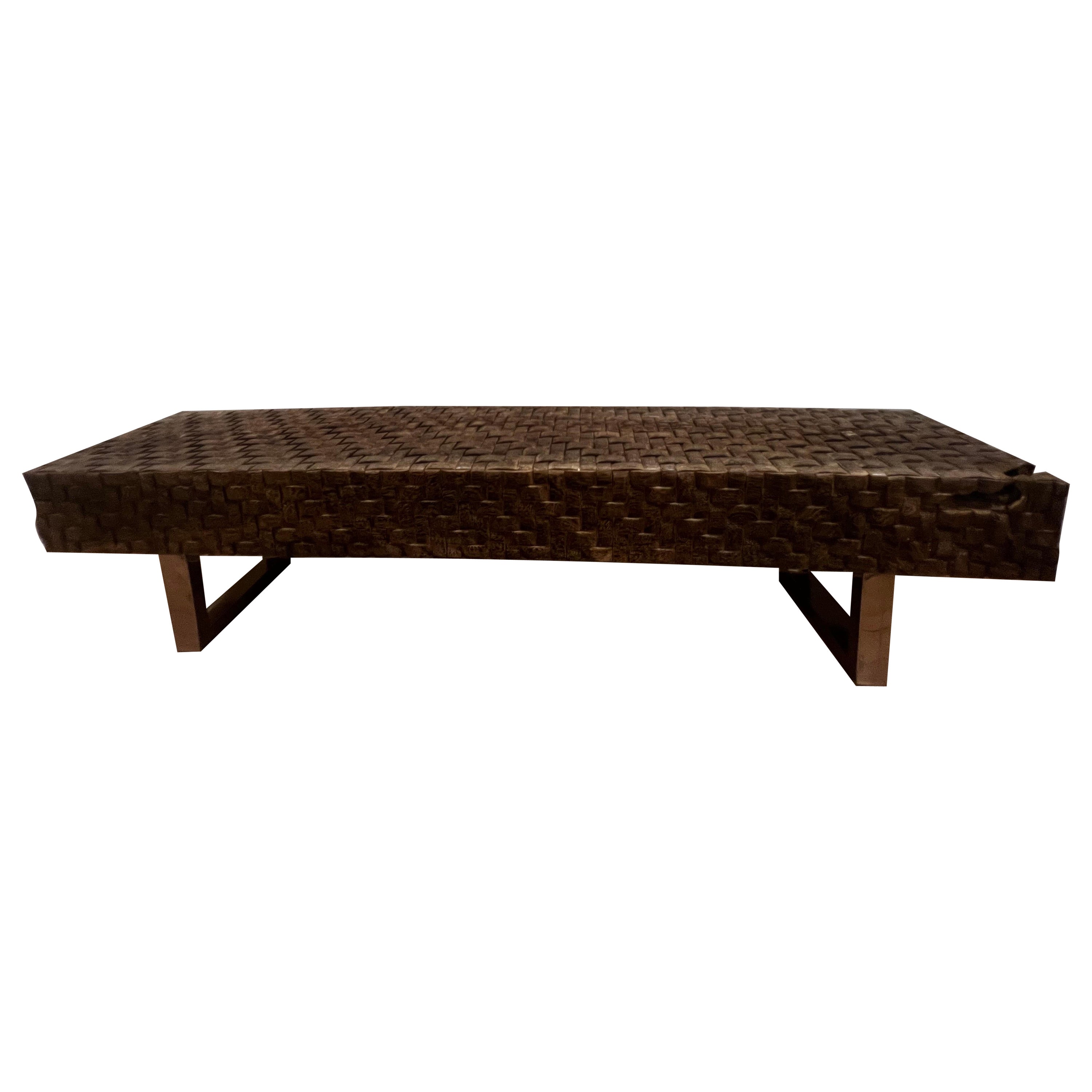 Organic Modern Hand Carved Woven Wood w/Stainless Steel Base Bench For Sale