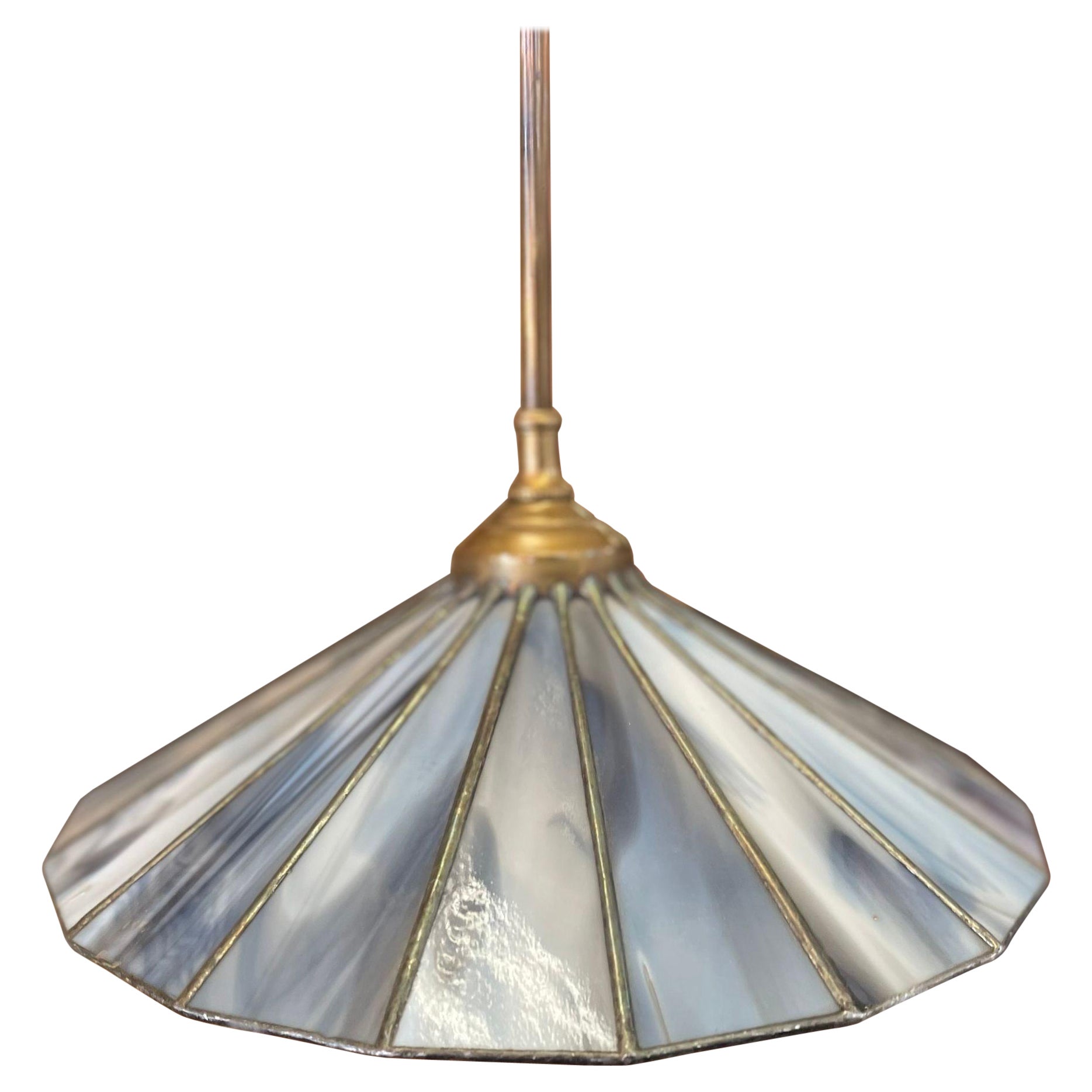 Vintage Parasol Pendant Light With Blue Stained Glass Shade For Sale