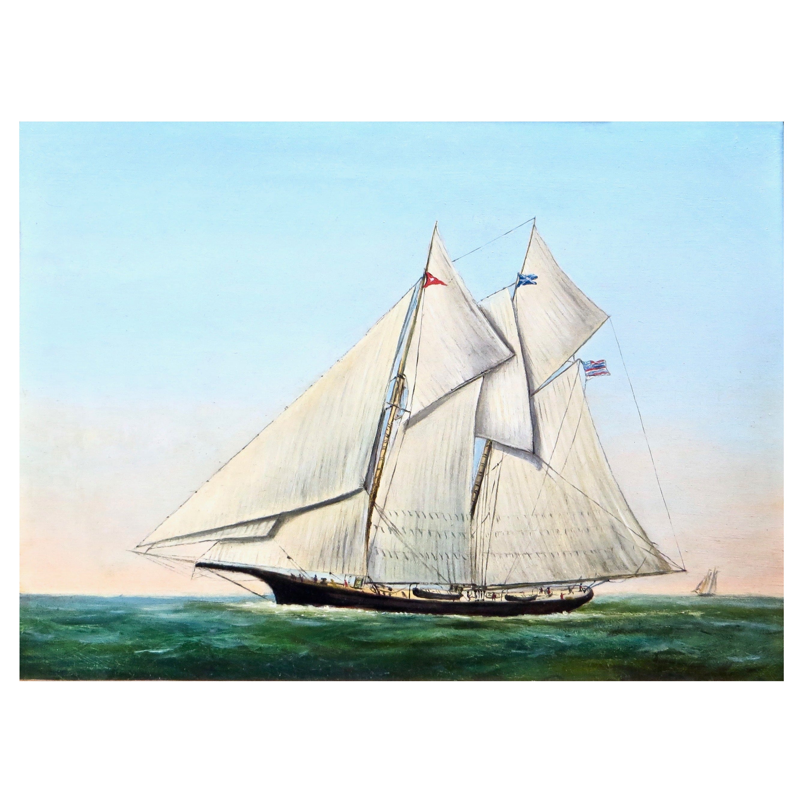 Mid 19th C. Oil on Canvas Painting "A Two Mast Schooner Under Full Sail at Sea" For Sale