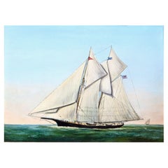 Mid 19th C. Oil on Canvas Painting "A Two Mast Schooner Under Full Sail at Sea"