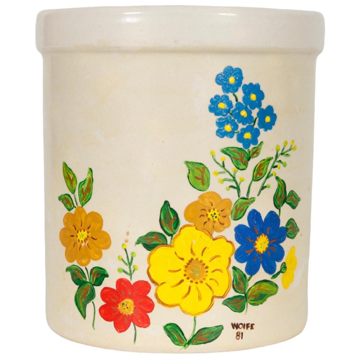 Hand Painted Floral Stoneware Jar For Sale
