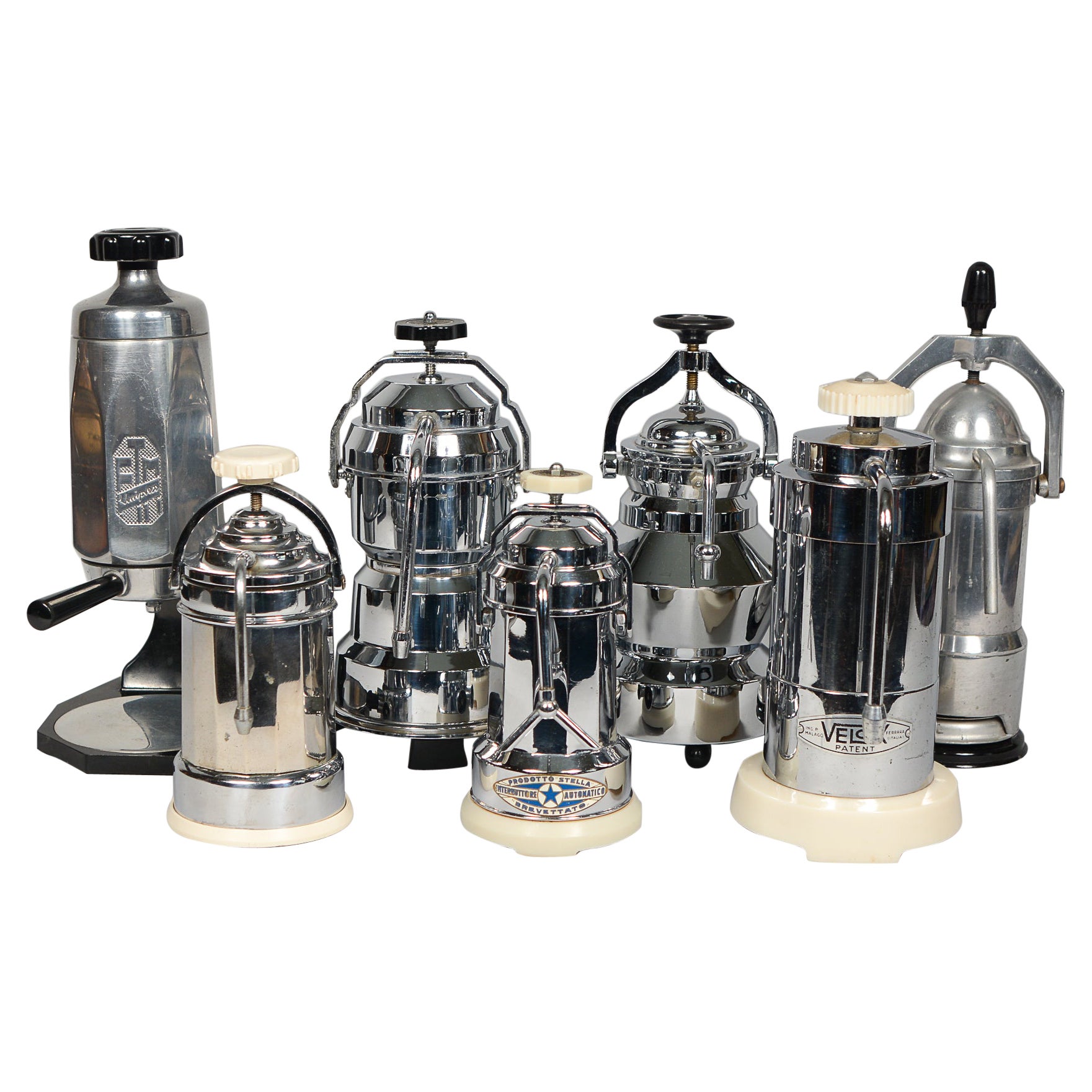 Collection of Vintage Espresso Makers in Chrome and Aluminum