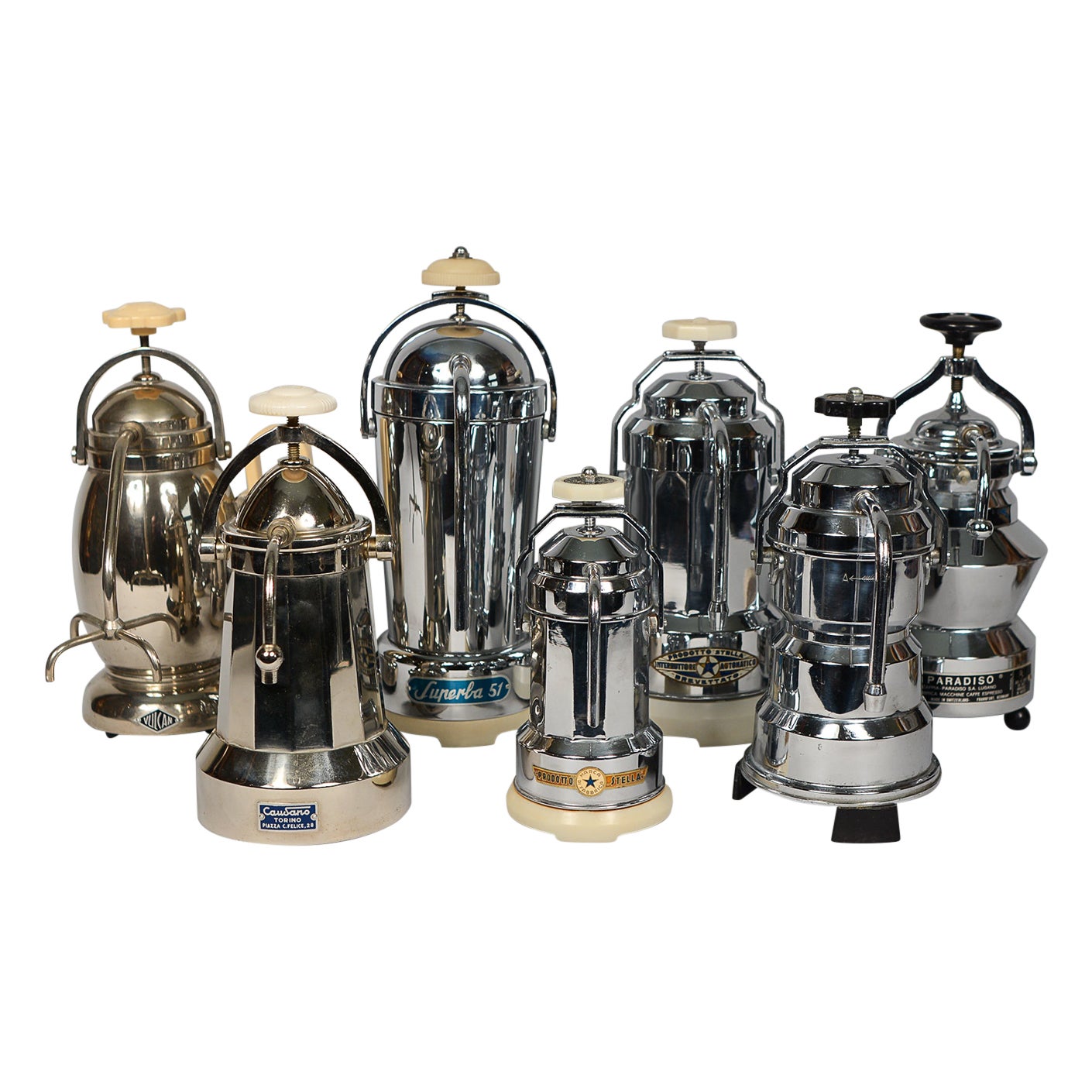 Collection of Vintage Art Deco Espresso Makers in Chrome and Nickel Plate