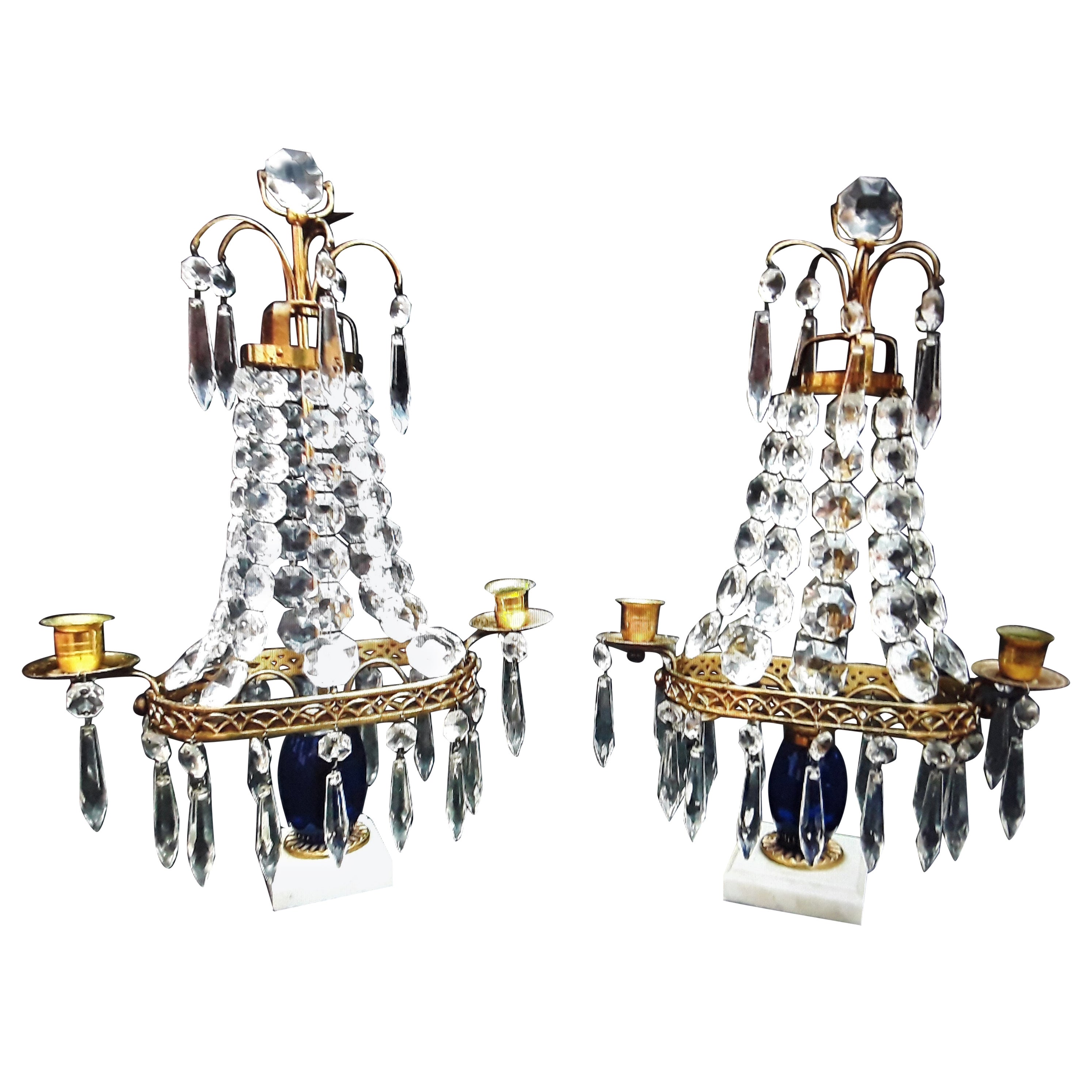 Pair 19thc Antique Baltic Cut Crystal Cascading and Blue Glass Center Girandoles For Sale