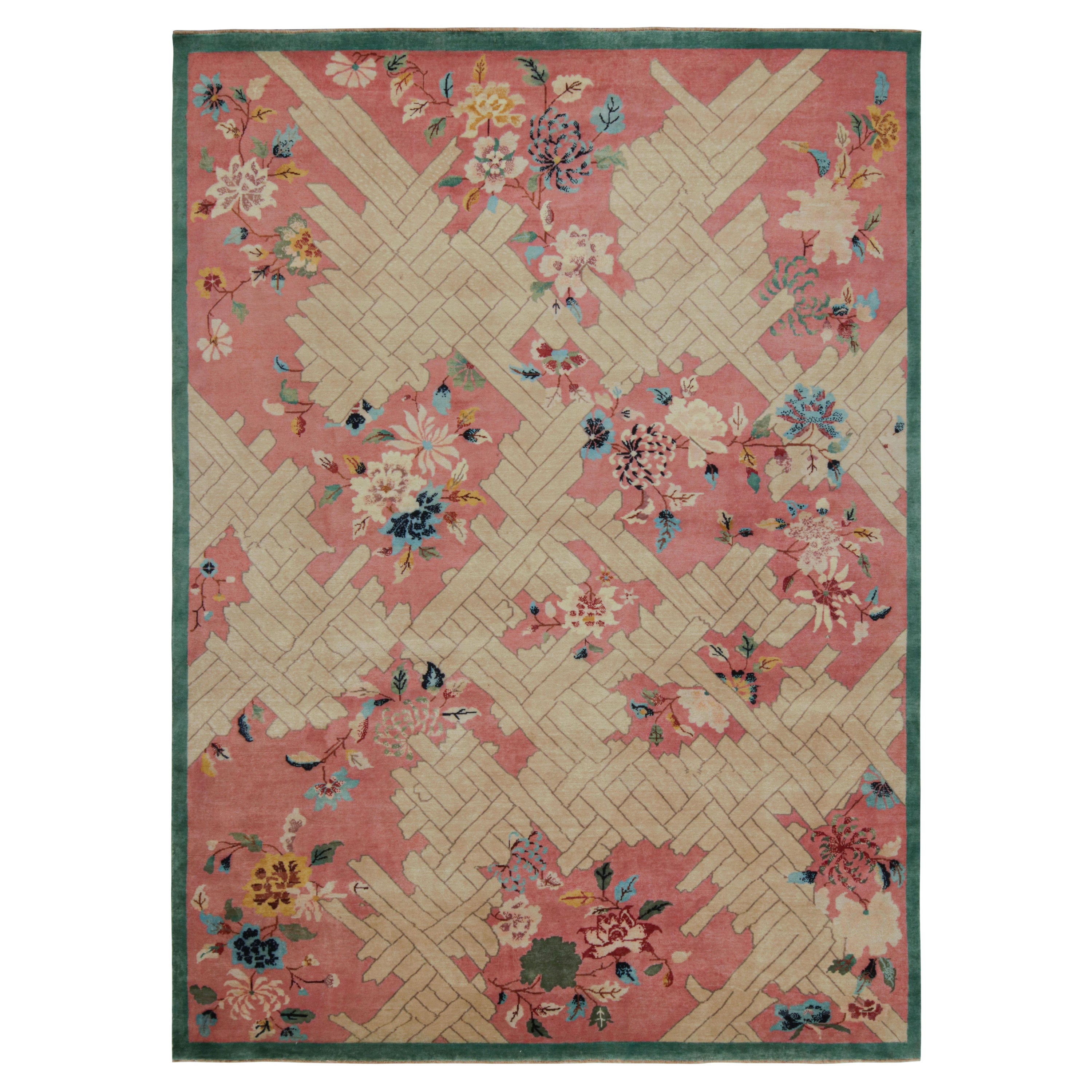 Rug & Kilim’s Chinese Art Deco style rug in Pink, with Geometric Patterns For Sale