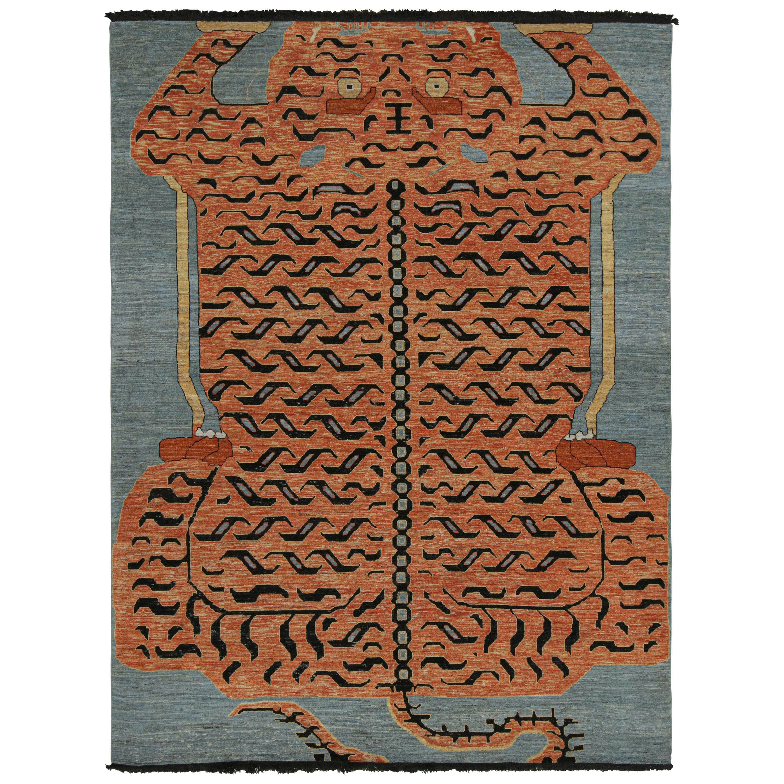 Rug & Kilim’s Modern Tiger Pictorial Rug Design in Burnt Orange and Blue For Sale