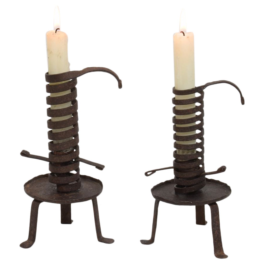 French, Couple early 20th Century,  Forged Iron Rat De Cave Candleholders For Sale