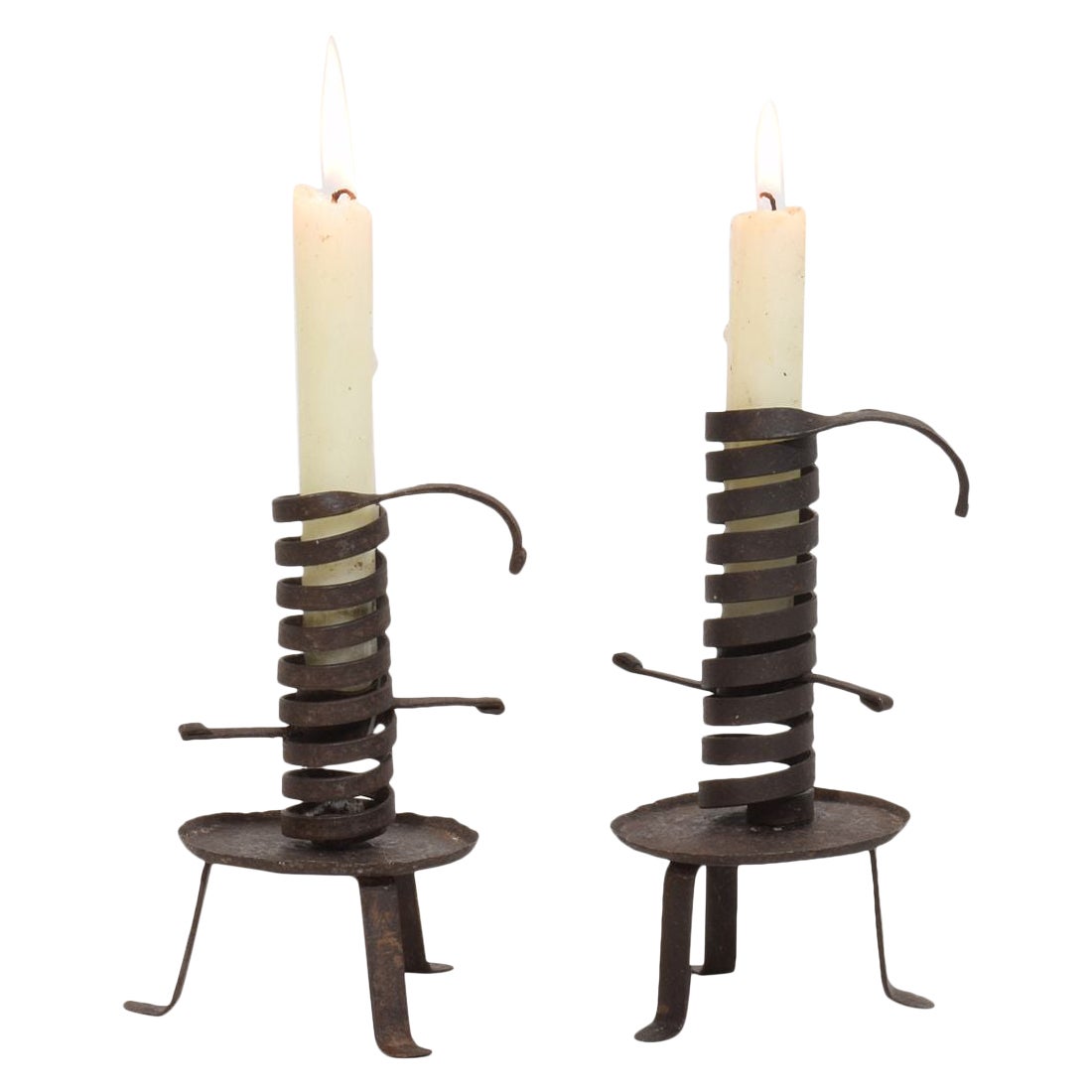 French, Couple early 20th Century,  Forged Iron Rat De Cave Candleholders For Sale