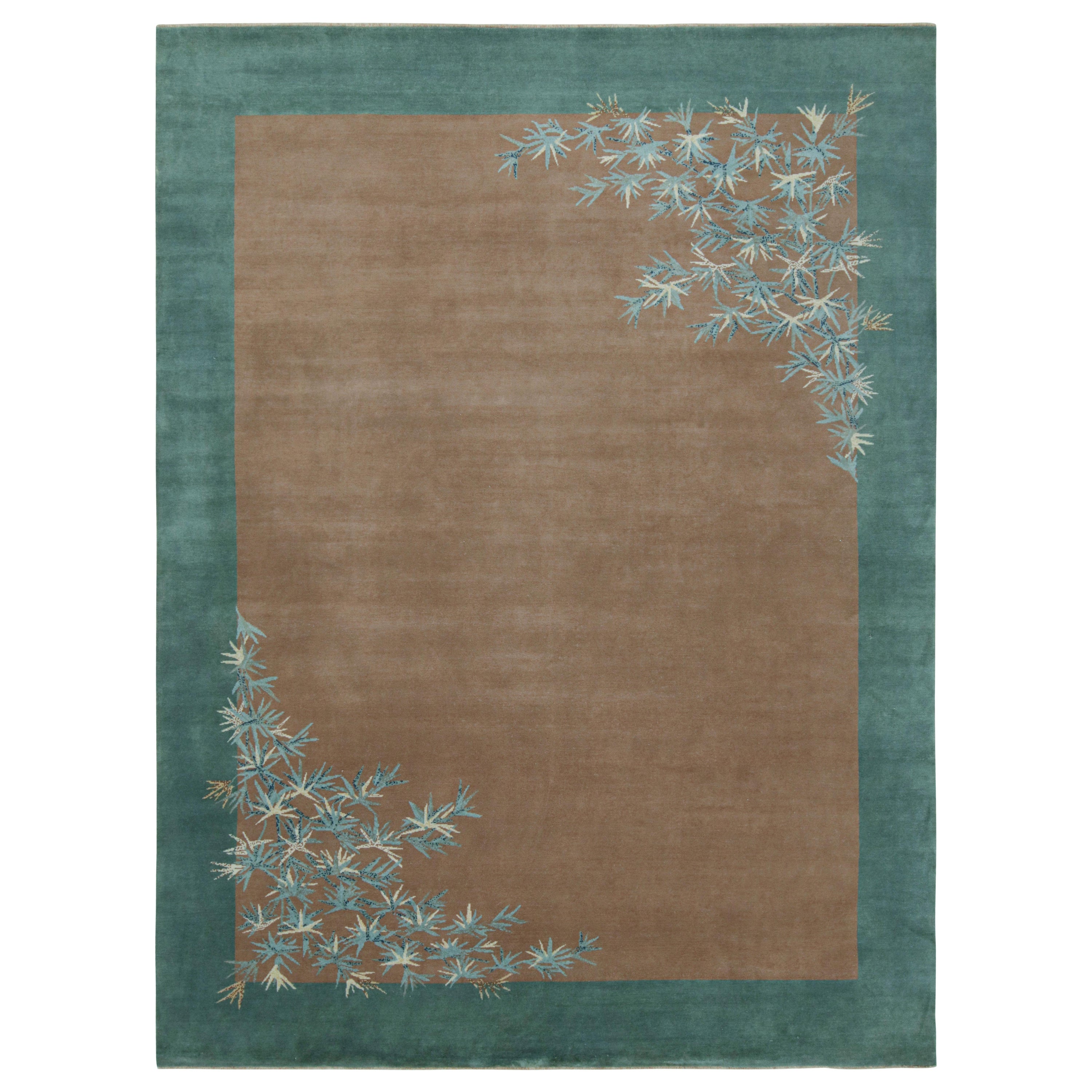 Rug & Kilim’s Chinese Art Deco style rug in Brown and Teal, with Floral Patterns For Sale