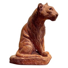 Roger Godchaux : "Lionne aux aguets", terracotta sculpture, Susse frères c. 1930