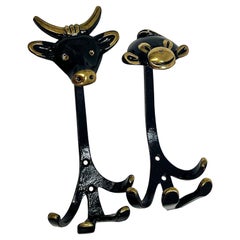 Walter Bosse 2 Zoo Brass Wall Hooks, Monkey & Cow 