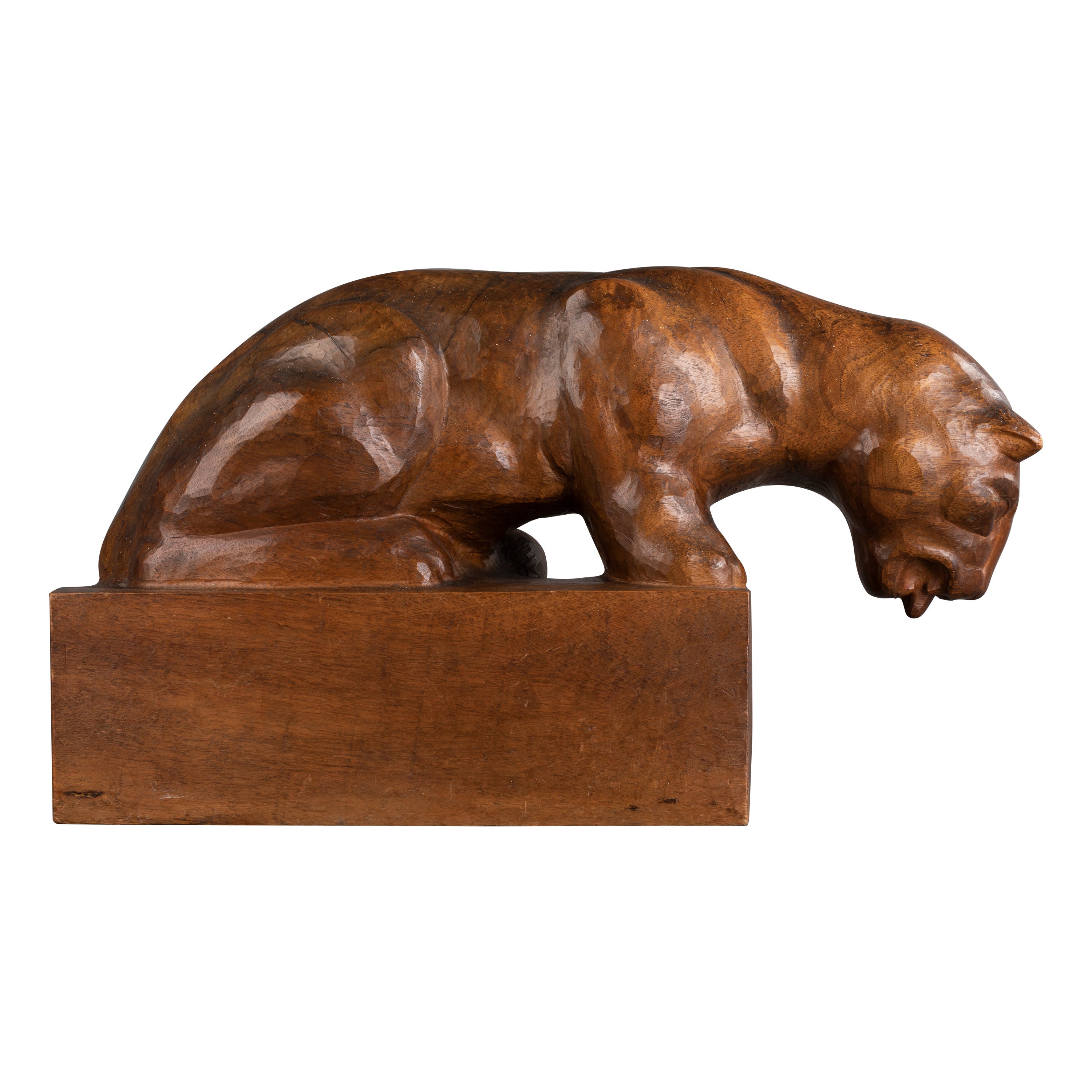 Auguste Trémont(attrib.) : Lion cub drinking, carved wood sculpture c.1950 For Sale