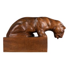 Vintage Auguste Trémont(attrib.) : Lion cub drinking, carved wood sculpture c.1950