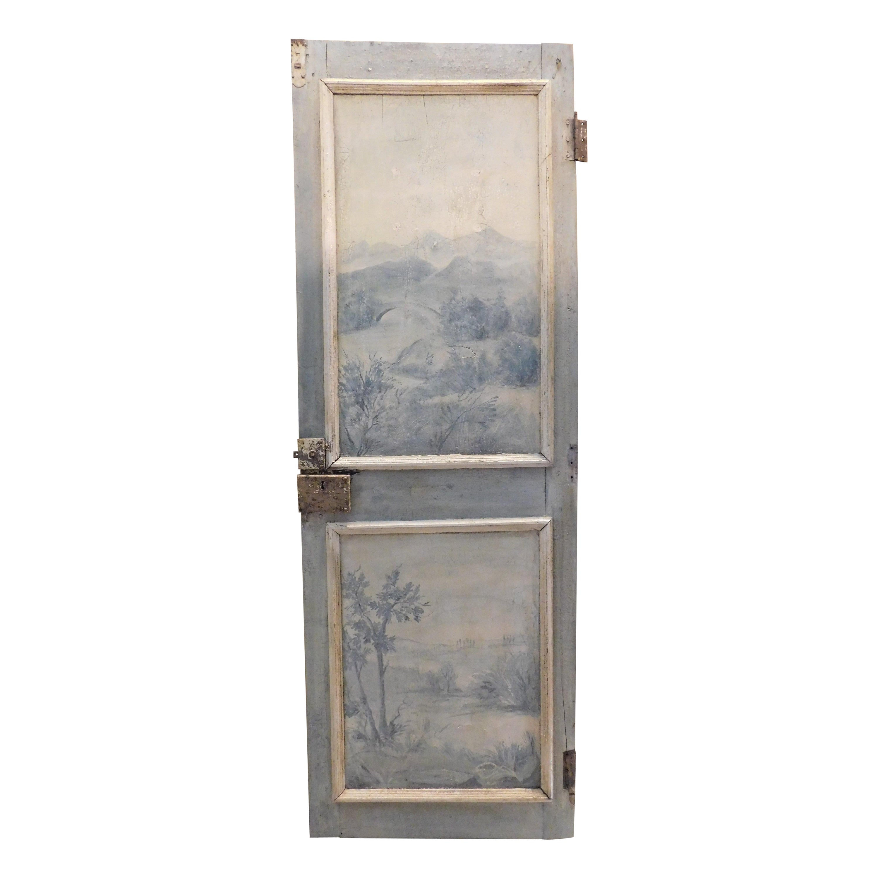 Single-leaf lacquered wooden door, panels painted with landscapes, Italy