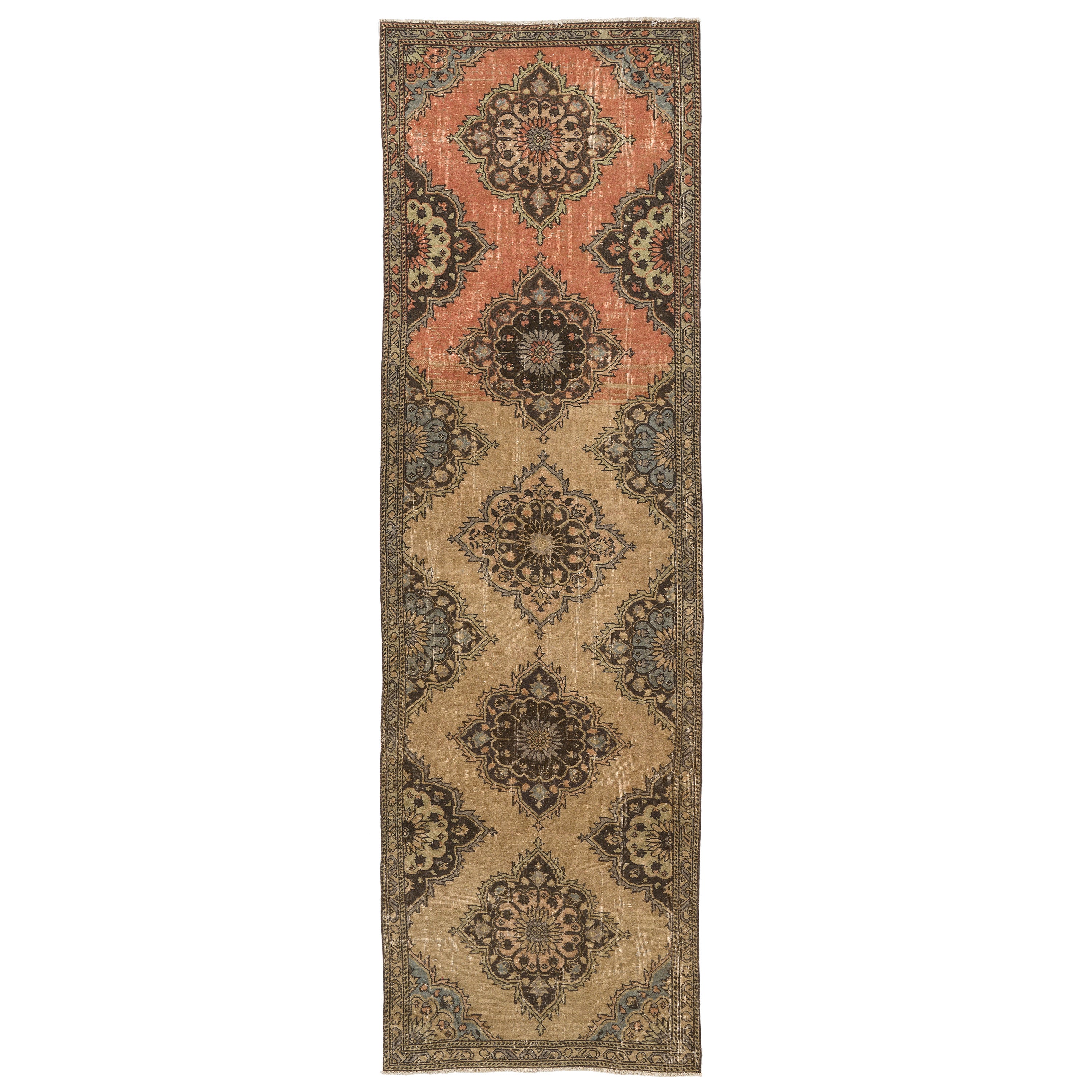3.6x11.7 Ft Hand-Knotted Turkish Oushak Wool Runner Rug. Vintage Corridor Carpet