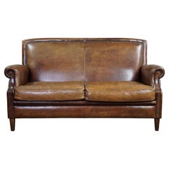 Retro Well-fitting Spacious Sheepskin Leather 2-Seater Sofa