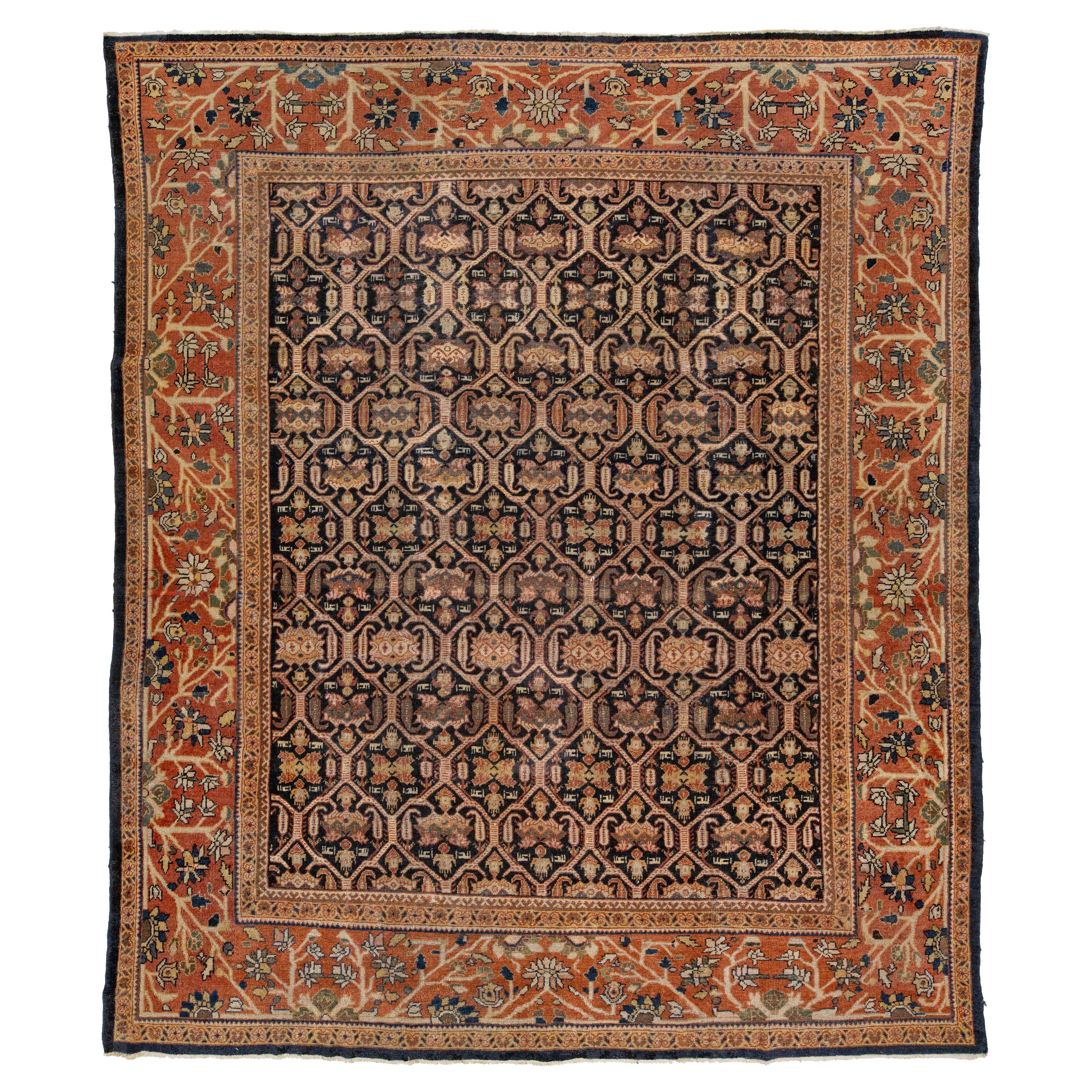 Antiker Mahal Rostfarbener handgefertigter persischer Wollteppich mit Allover-Motiv, Mahal