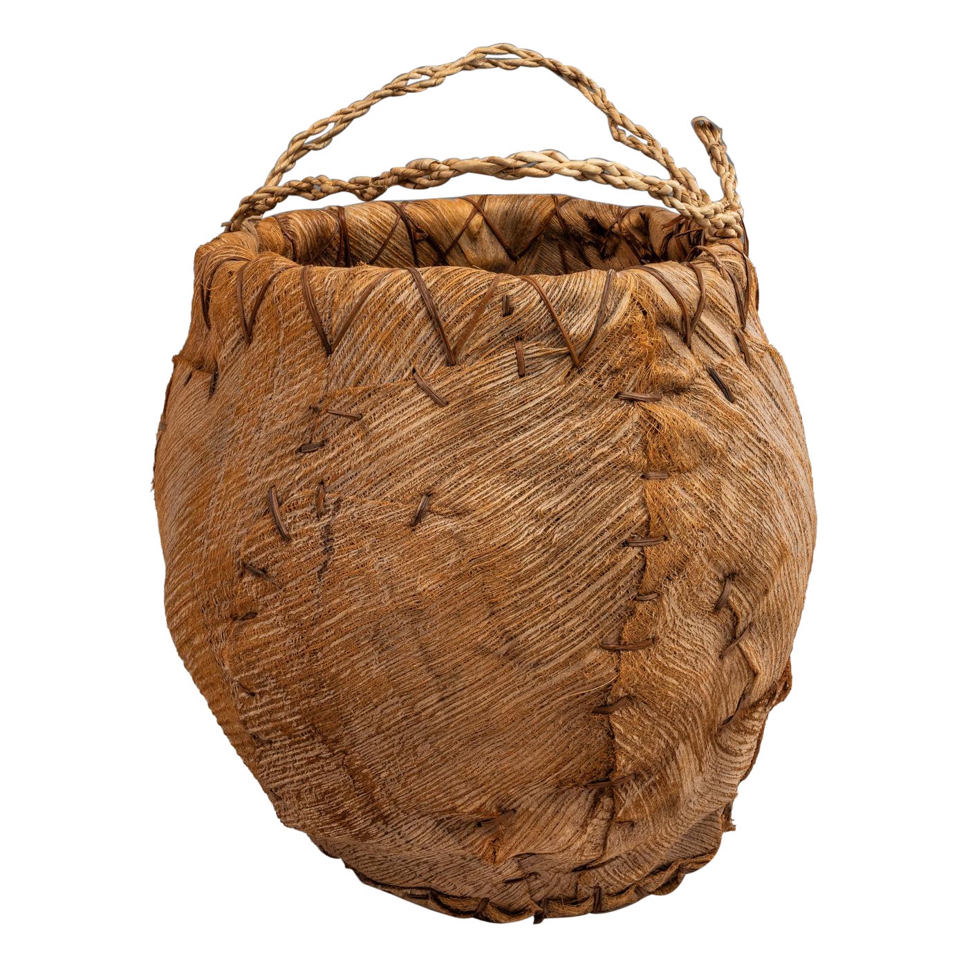 Vintage Primitive Folk Art Large Hand-Woven Palm Bark Basket Planter, USA