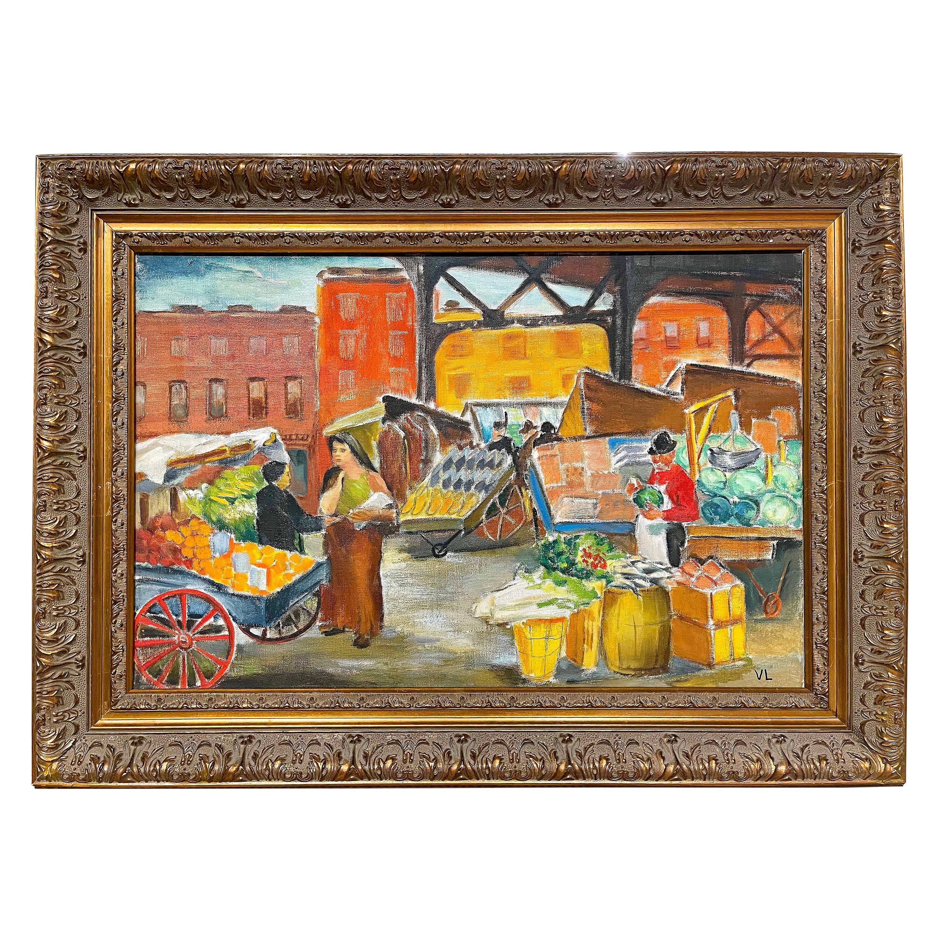 "Under the El", WPA-Era Painting of Philadelphia Market by Van Loan For Sale