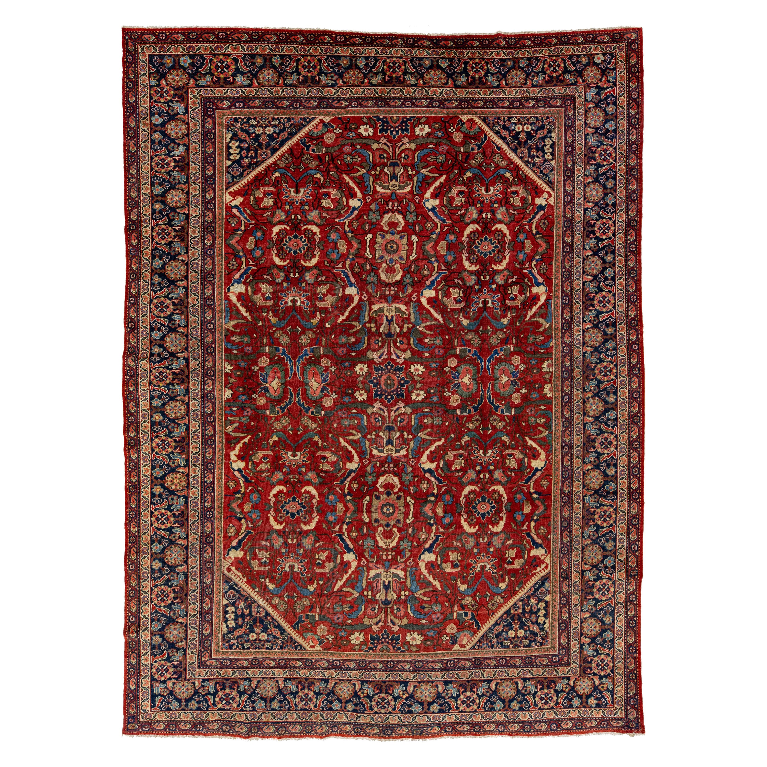 1920's  Antique Floral Mahal Wool Rug Handmade in Red For Sale