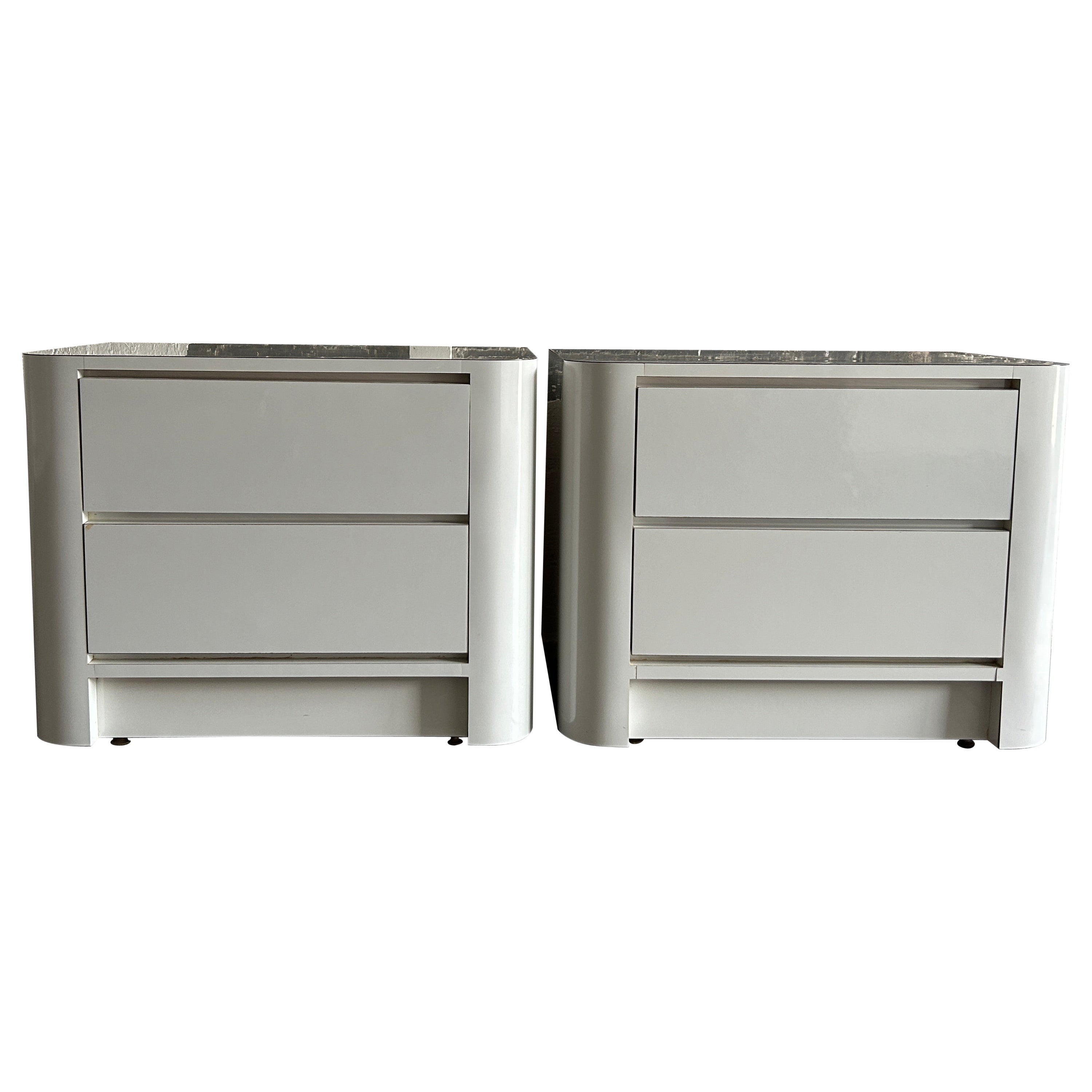 Pair Post Modern gloss white laminate 2 Drawer curved nightstands  For Sale
